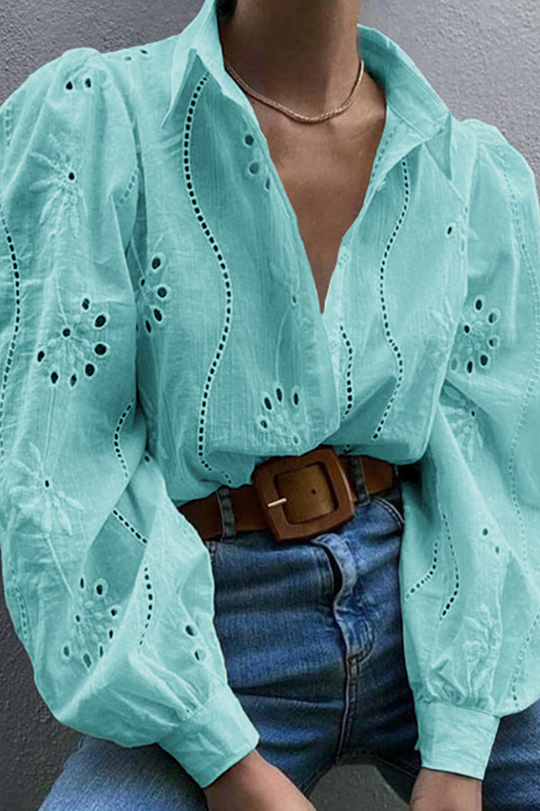 Stylish Hollow Puff Sleeve Casual Lapel Loose Shirt for Women | Trendy Blouse for Everyday Wear, Office & Date Night Outfits