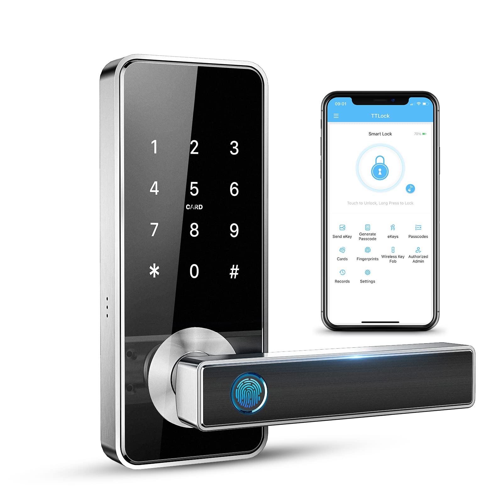 Tiffane Smart Lever Door Lock - Keypad & Fingerprint Keyless Entry, Secure Electronic Deadbolt for Home, Office & Bedroom (Silver) | Ideal for Smart Homes, Vacation Rentals & High-Traffic Areas