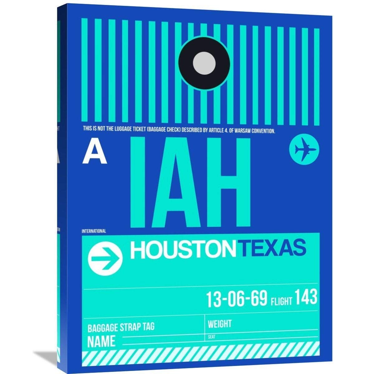 IAH Houston Luggage Tag 2 - Stretched Canvas Wall Art for Home & Office Decor - Small Size Travel Inspired Artwork - Perfect for Living Room, Bedroom or Gift
