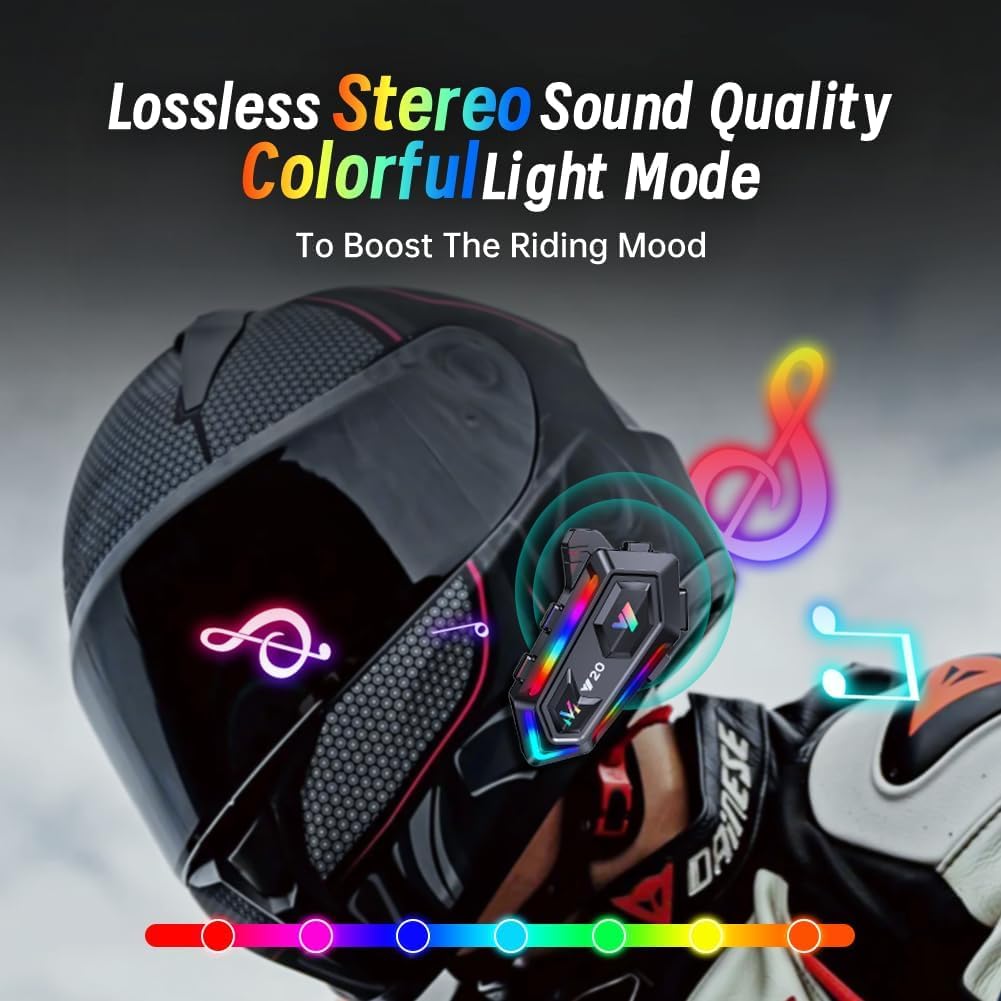 Motorcycle Helmet Bluetooth Headset with RGB Lights - Dual Noise Cancelling Intercom System, IPX6 Waterproof & Powerful Bass for Dirt Bike Riders | Perfect for Group Riding, Adventure Tours & Urban Commuting