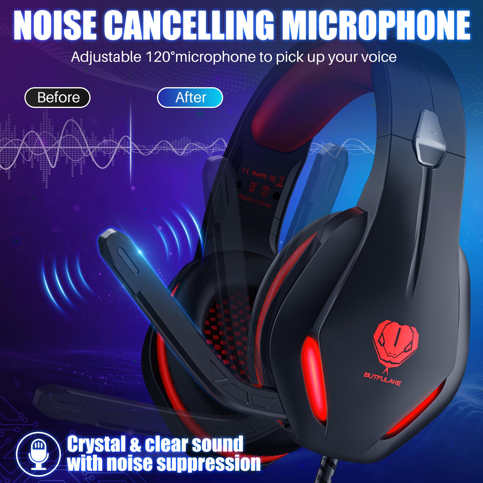 Butflake Gaming Headset with Noise Canceling Mic - Wired Over-Ear Headphones with Crystal Clear Sound & LED Lights for PC, PS4, PS5, Xbox One, Laptop - Lightweight Comfortable Red Gaming Headset for Pro Gamers & Streamers
