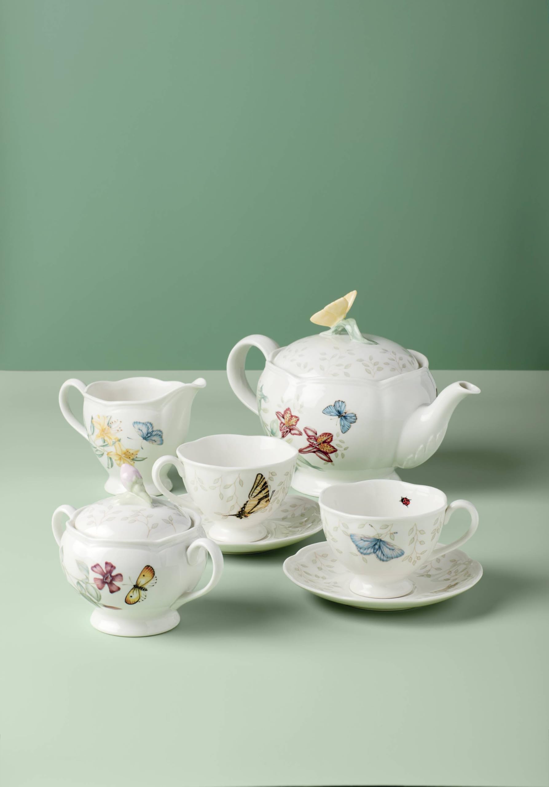 Lenox Butterfly Meadow 8-Piece Tea Set for 2, Porcelain White Floral Tea Cups & Saucers - Perfect for Afternoon Tea, Bridal Shower & Mother's Day Gifts