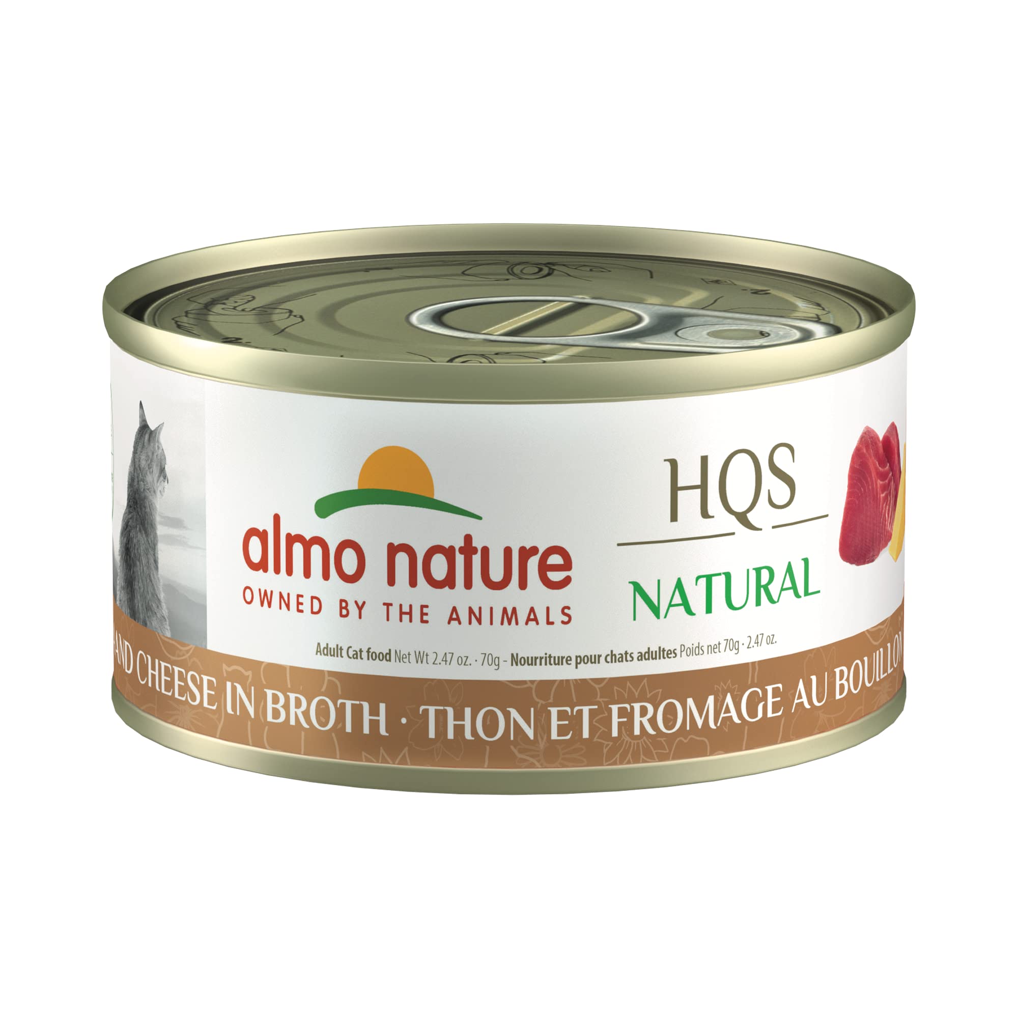 Almo Nature HQS Natural Tuna & Cheese in Broth Grain-Free Wet Cat Food - Additive-Free Shredded Recipe for Adult Cats (24 x 2.47oz Cans) - Perfect for Picky Eaters & Sensitive Stomachs