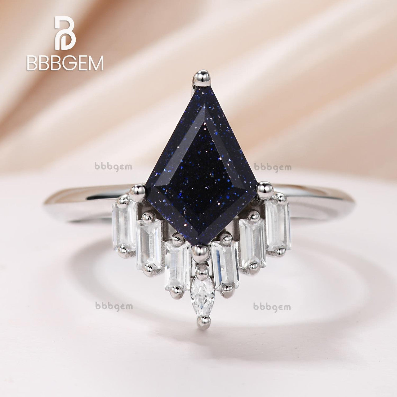 Vintage Blue Goldstone Moissanite Engagement Ring - Knife Edge Kite Cut Blue Sandstone Statement Ring for Women, Wedding, Anniversary & Special Occasions