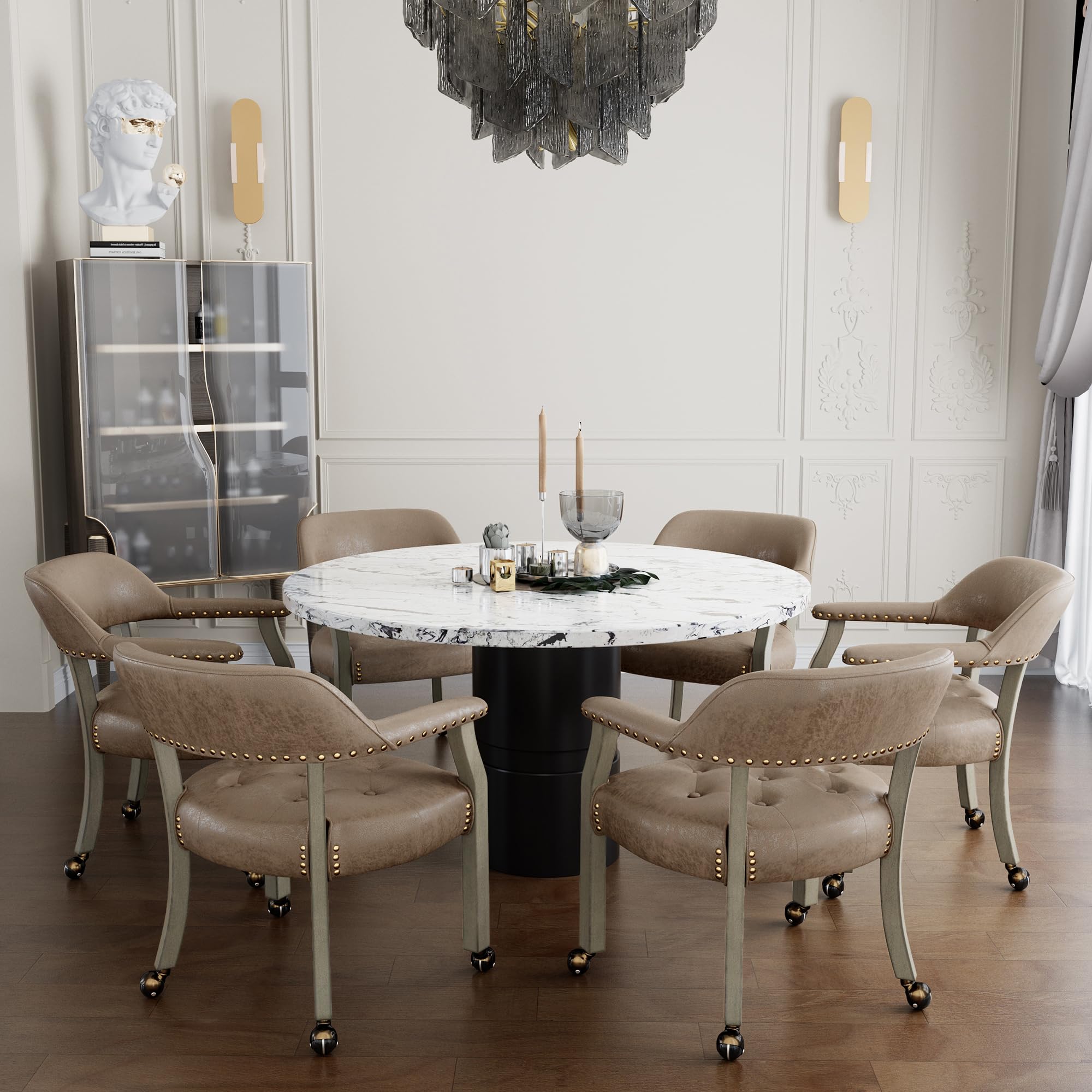 LEEMTORIG Rolling Dining Chairs with Casters & Arms - Grey Legs & Yellowish Brown Wooden Captains Chairs for Kitchen Table, Poker Table, Office & Home Use - SY-1318-LT
