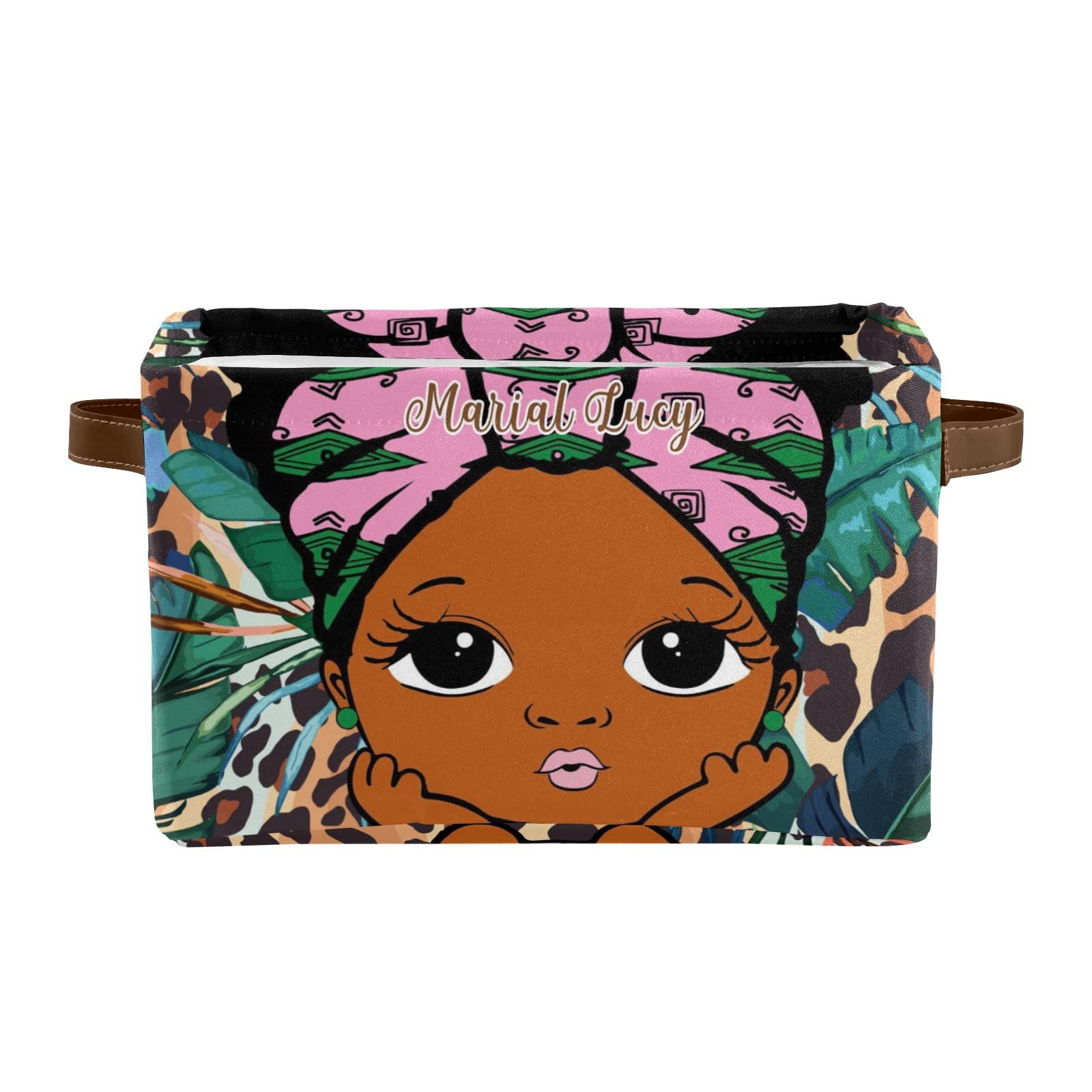 African Leopard Print Storage Bins - Personalized Afro Girl Design, Durable Handles for Shelves, Wardrobe & Nursery Organization - Perfect for Toys, Books & Home Decor (1 Pack)