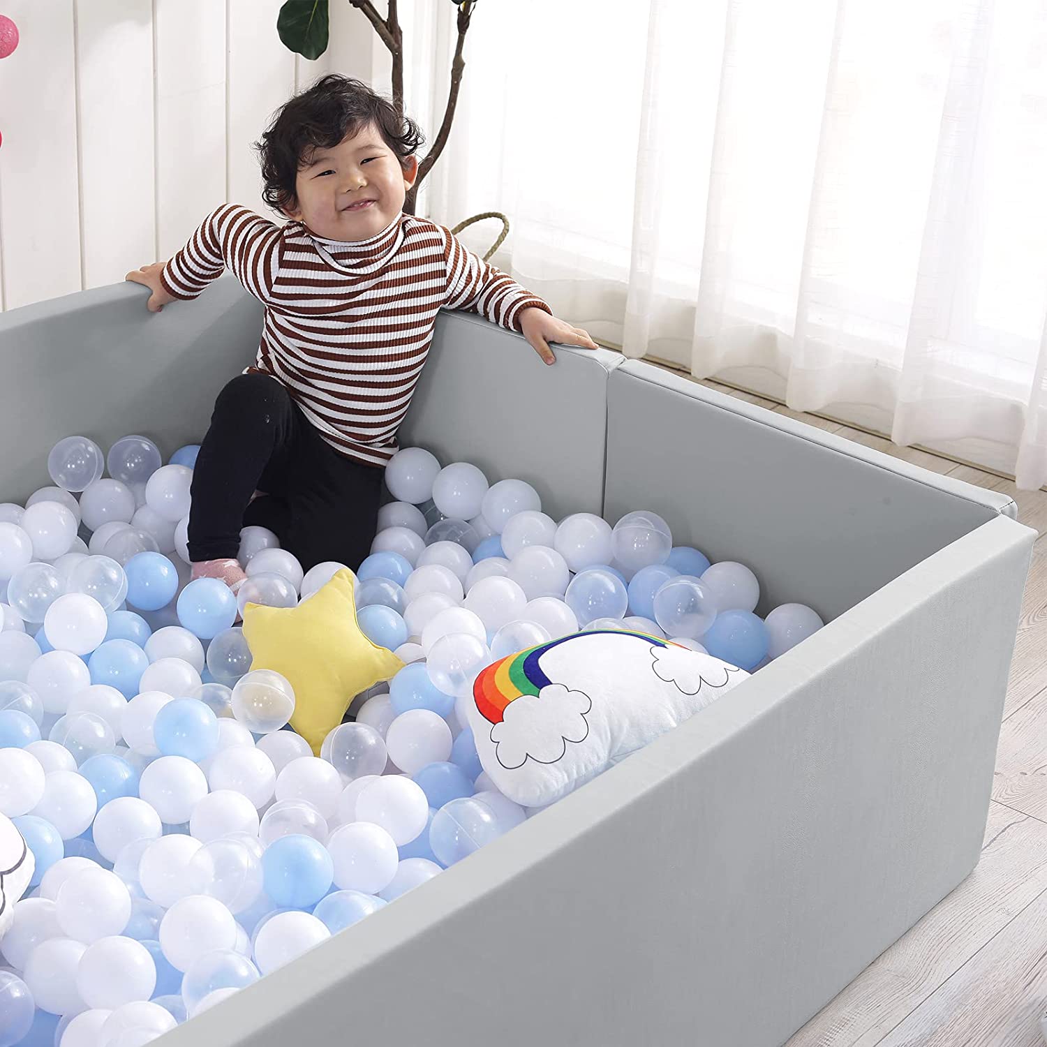 Soft Foam Foldable Grey Ball Pit Crawling Fence - Safe Playpen for Toddlers & Kids - Indoor/Outdoor Playground for Home, Daycare & Backyard Fun