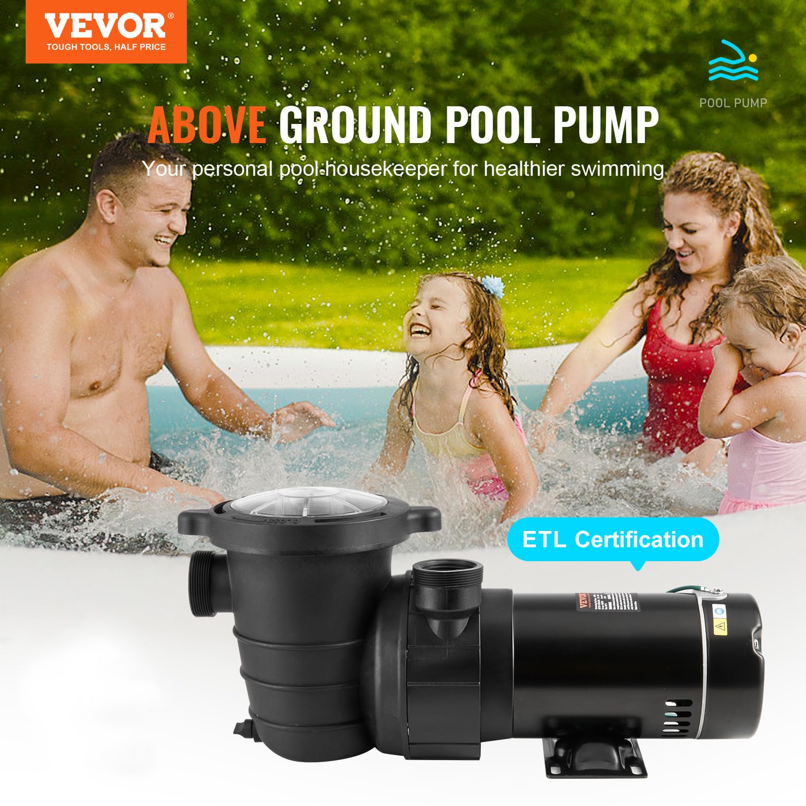 VEVOR 1HP Above Ground Pool Pump, 80 GPM Max Flow Single Speed Swimming Pool Pump, 120V 3450 RPM with Filter Basket - Ideal for Above Ground Pools, Hot Tubs, Spas, Backyard Water Features & Summer Pool Maintenance