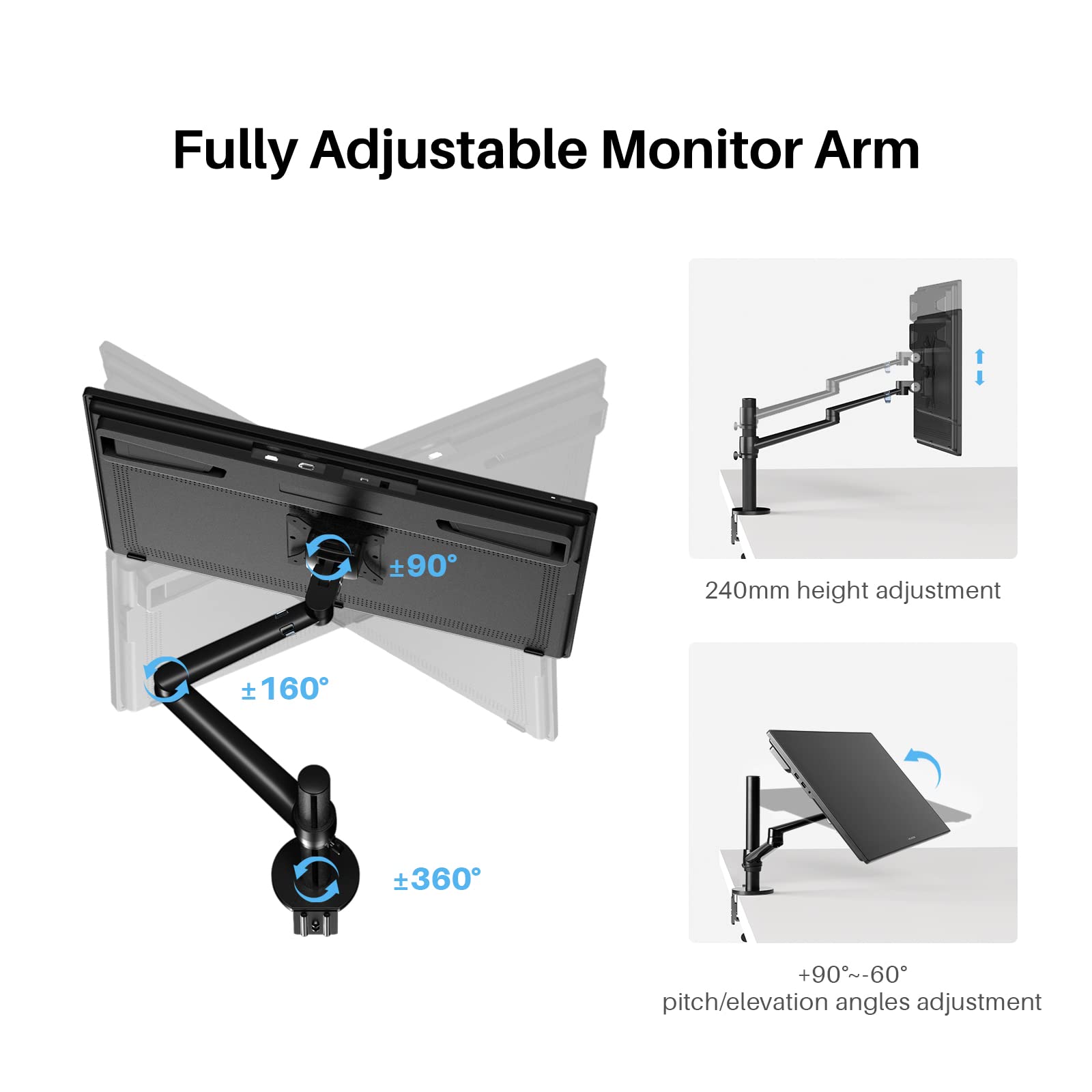 HUION Single Monitor Arm - Heavy Duty Adjustable VESA Desk Mount for 13-32 Inch Monitors up to 17.6 lbs, with Clamp/Grommet Base - Perfect for Home Office, Gaming Setup & Workspace Ergonomics