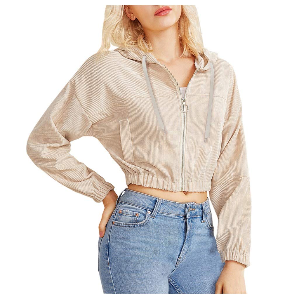 Women's Corduroy Crop Top Hoodie - Long Sleeve Zipper Jacket with Pocket | Casual Solid Color Sweatshirt | Perfect for Streetwear, Layering & Fall Fashion