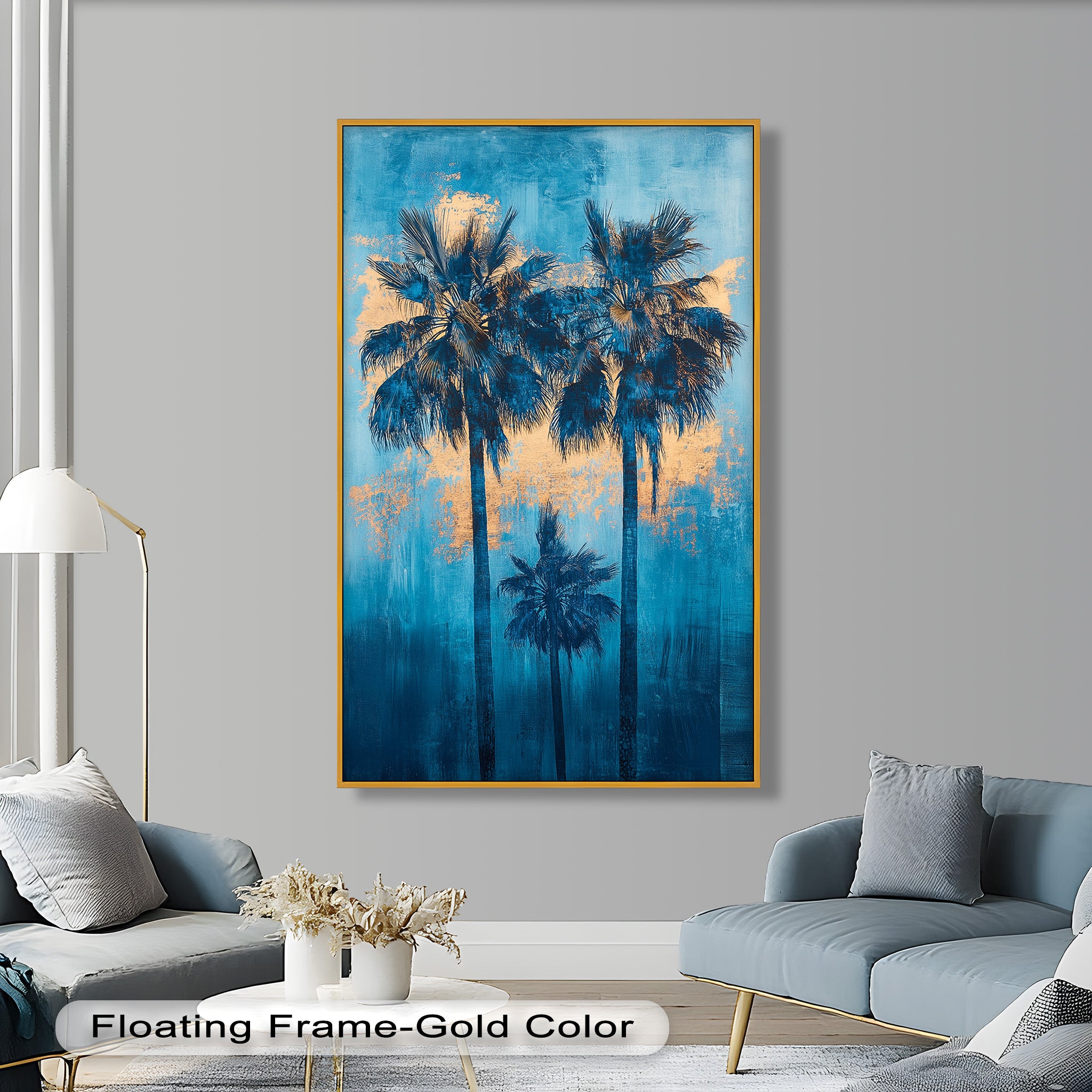 Blue Sunset Palms Tropical Oil Painting - Handmade Beach Wall Art for Living Room, Bedroom & Office Decor