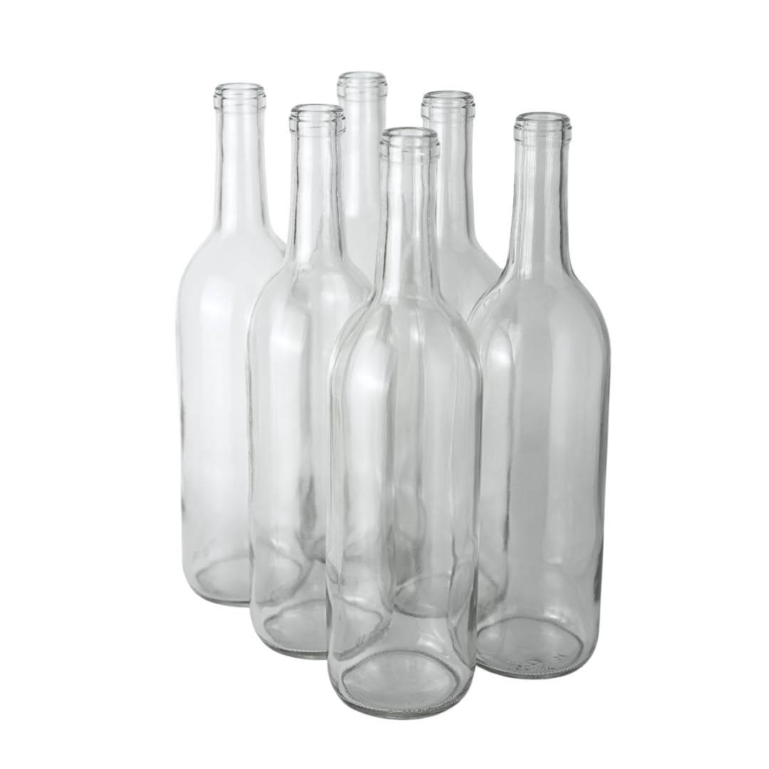 FastRack 6-Pack 750ml Clear Bordeaux Wine Bottles - Flint Flat-Bottomed Glass Bottles for Homemade Wine Making, Storage & Gifting (Corks Not Included) - Perfect for Winemaking Kits, Home Brewing & DIY Projects