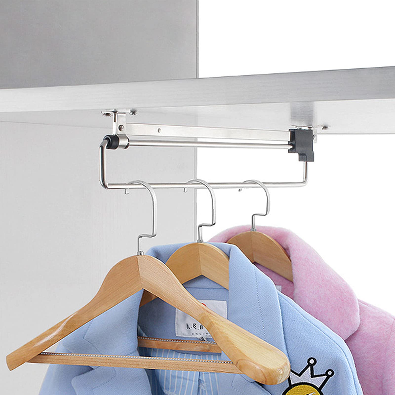 Retractable Closet Pull Out Rod - Heavy Duty Cold Rolled Steel Hanging Clothes Rod with Mounting Screws (Black/Silver, 14