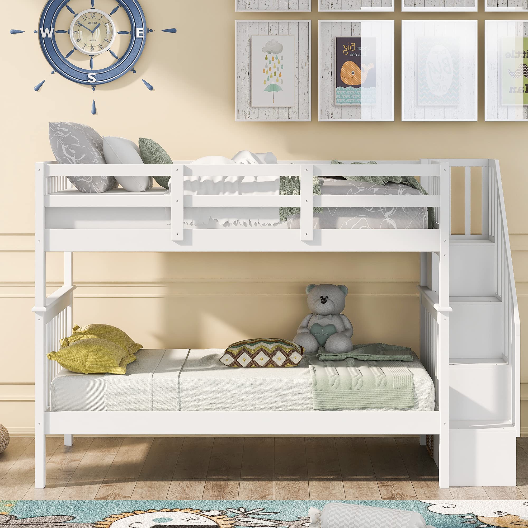 Harper & Bright Designs Twin Over Twin Bunk Bed with Stairs & Storage - Space-Saving Kids Bunk Bed for Small Rooms - Perfect for Siblings, Sleepovers & Kids Bedrooms (White)