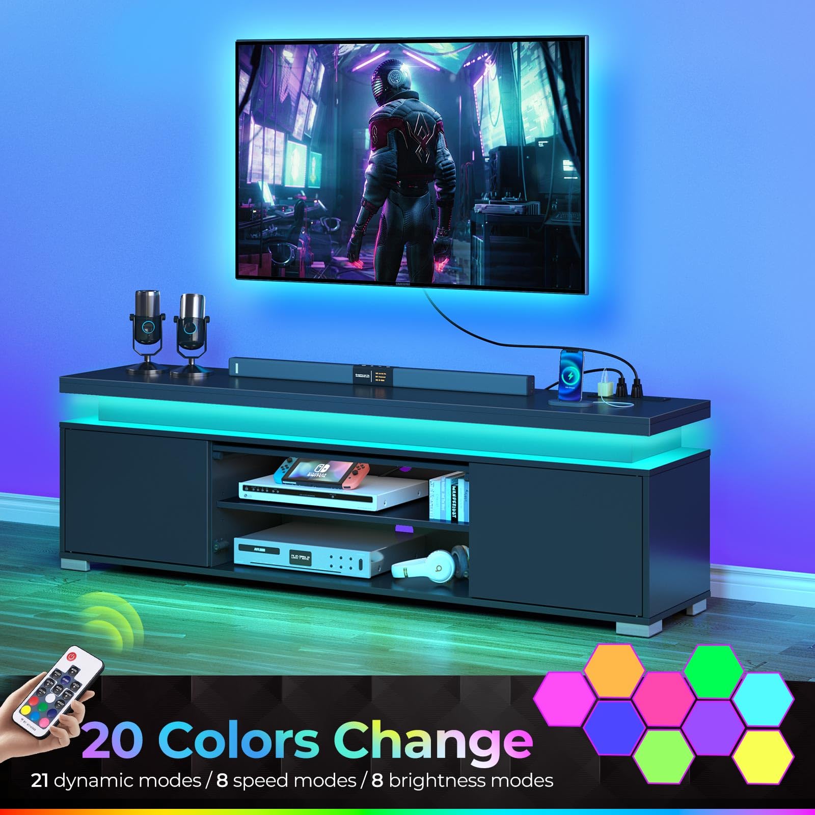 Rolanstar Modern TV Stand with Power Outlet & LED Lights - Universal Entertainment Center for 32-65 Inch TVs, Gaming TV Media Console with Large Storage Cabinet (Black) - Perfect for Living Room, Bedroom & Home Theater Setup