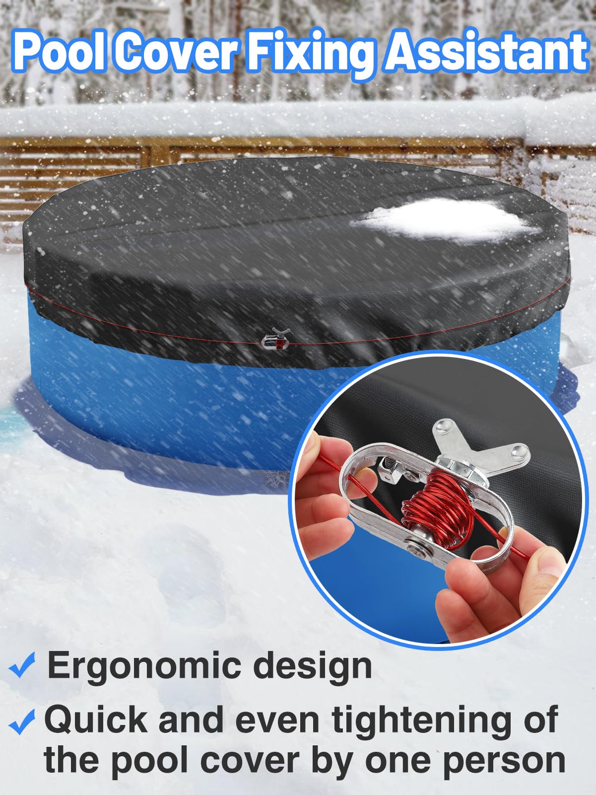 Pool Cover Cable & Winch Kit - 100ft Heavy Duty Plastic Coated Steel Wire with Zinc Alloy Spring Loaded Ratchet for Above Ground Swimming Pool Winter Cover, Secure & Easy Storage