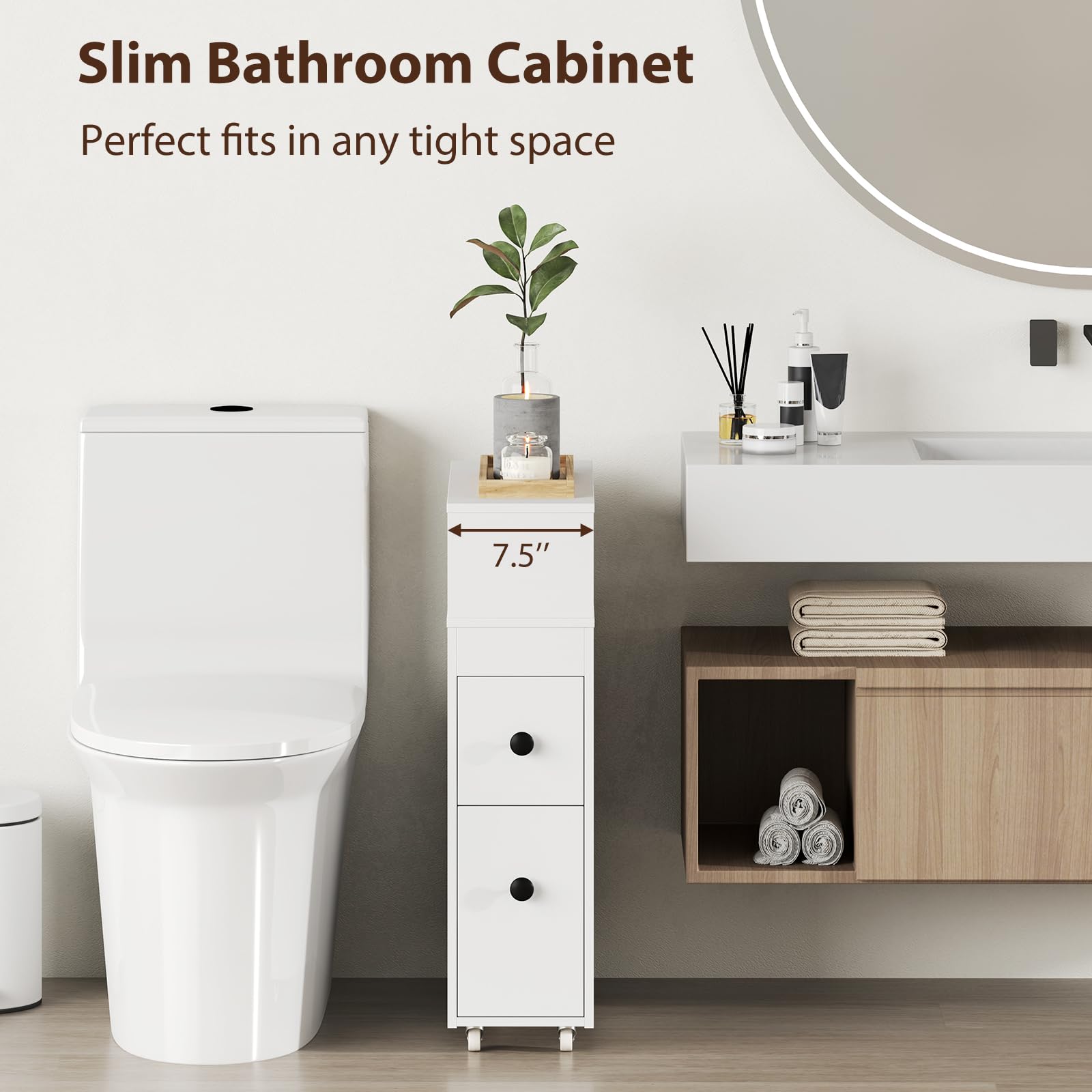 Giantex Slim Bathroom Storage Cabinet with Wheels - 2 Drawers, 2 Baskets & Brush Holder - Over The Toilet Organizer for Small Spaces - Perfect for Narrow Corners, Apartments & Tiny Bathrooms