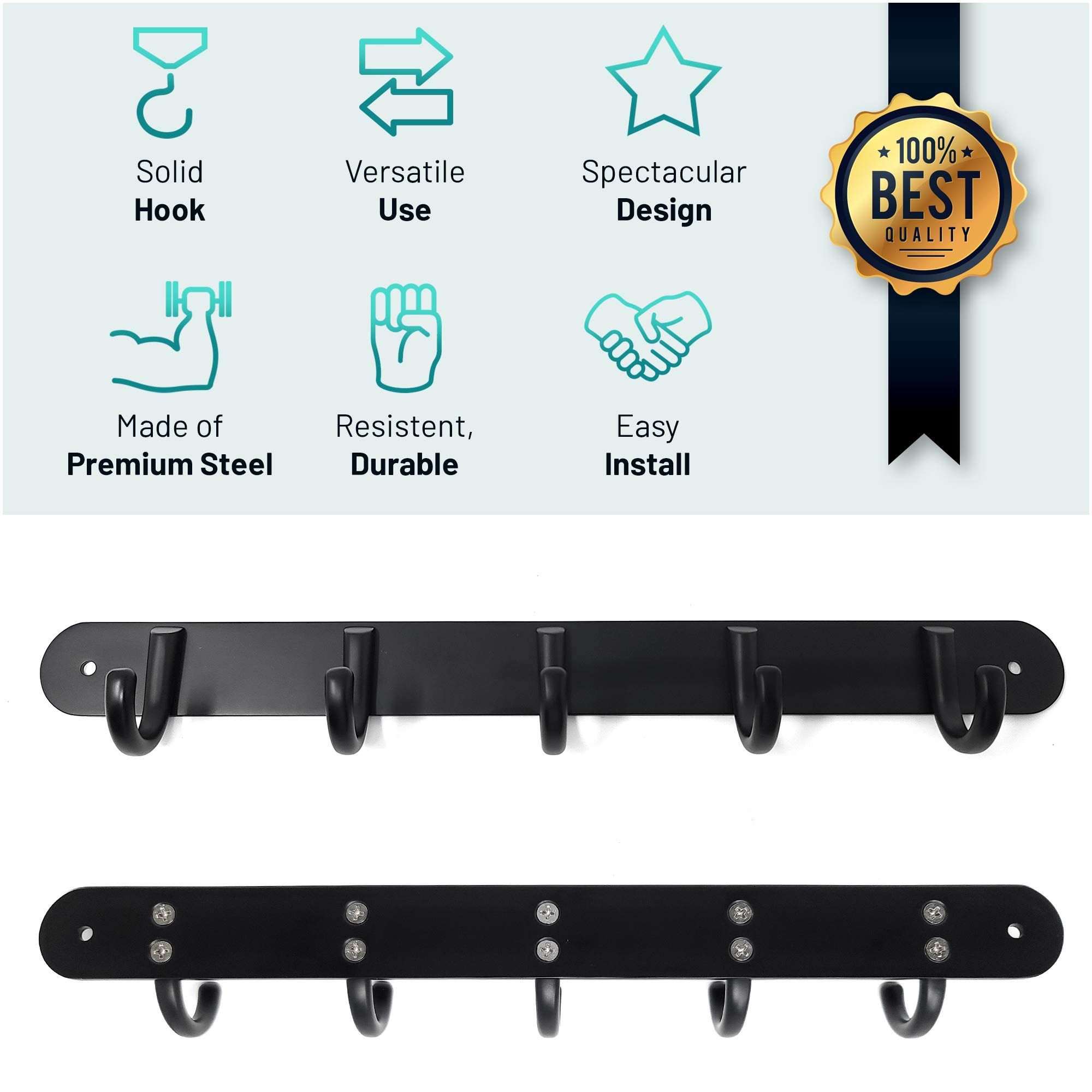 Premium Wall Mounted Coat Hooks Set of 5 - Heavy Duty Bathroom & Bedroom Hangers for Towels, Robes & Jackets - Space Saving Entryway & Hallway Organizer - Rustproof Durable Metal Hooks for Home Decor & Closet Storage