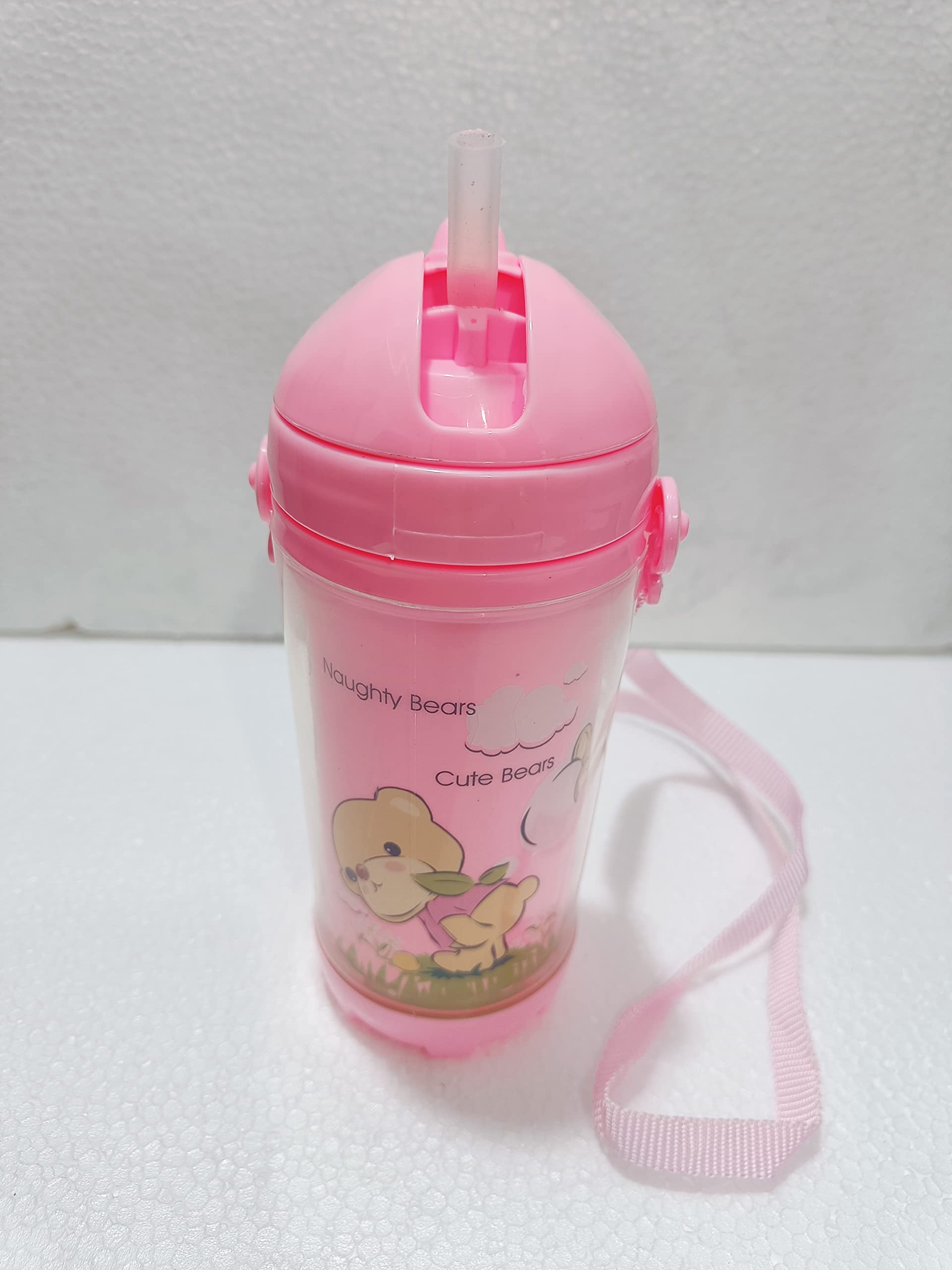 PUTHAK Cute 500ml Kids Water Bottle with Straw - BPA Free, Leak Proof Flip Top Lid, Silicone Sipper & Soft Carry Neck Strap - Cartoon Printed Pink Bottle for Girls & Boys - Perfect for School, Travel, Sports & Outdoor Activities
