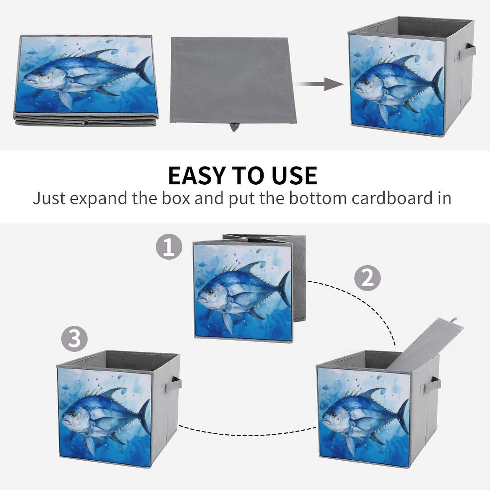 6-Piece Collapsible Storage Bins with Handles - Blue Fish Print Foldable Organizing Baskets for Shelves, Closet, Bathroom & Kids Room | Multi-Purpose Storage Containers for Home Organization