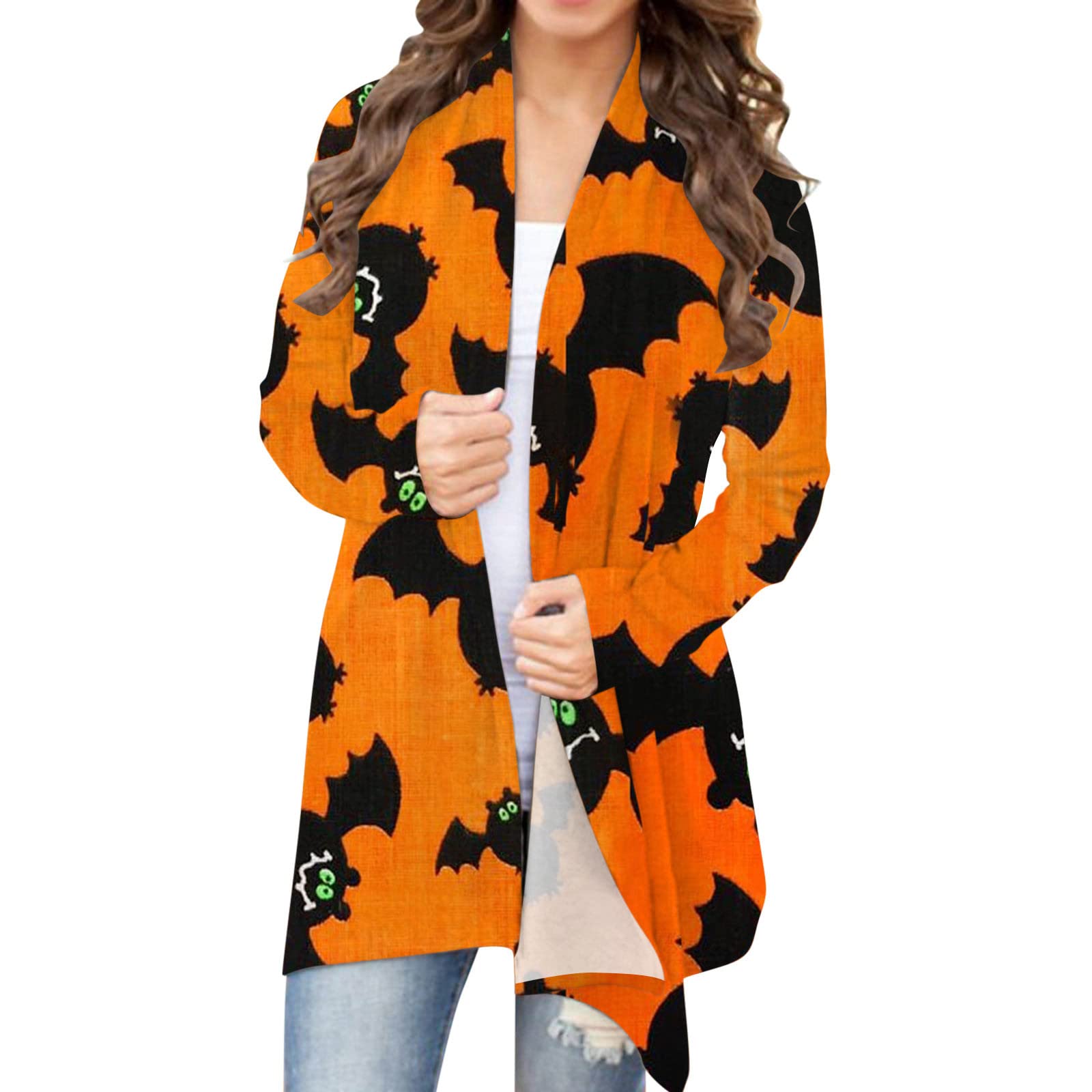 Women's Halloween Cardigan - Pumpkin Cat Print Long Sleeve Open Front Coat, Plus Size Leopard Sweater | Cozy Fall Outfit for Parties, Office & Casual Wear
