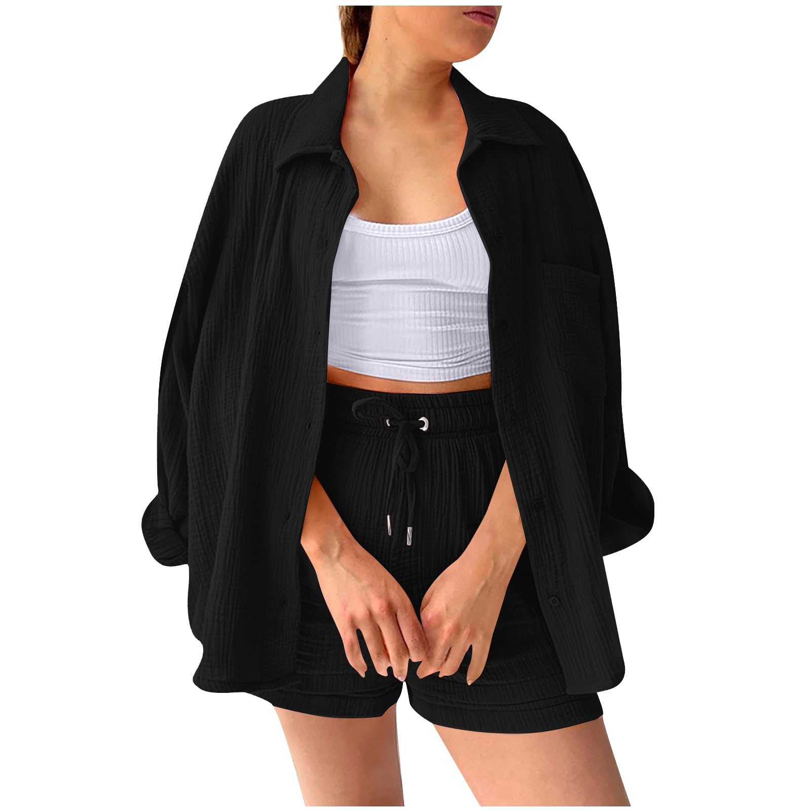 Women's Summer Two Piece Outfits - Button Down Lounge Sets with Tops & Shorts for Beach Vacation, Casual Wear & Relaxing at Home
