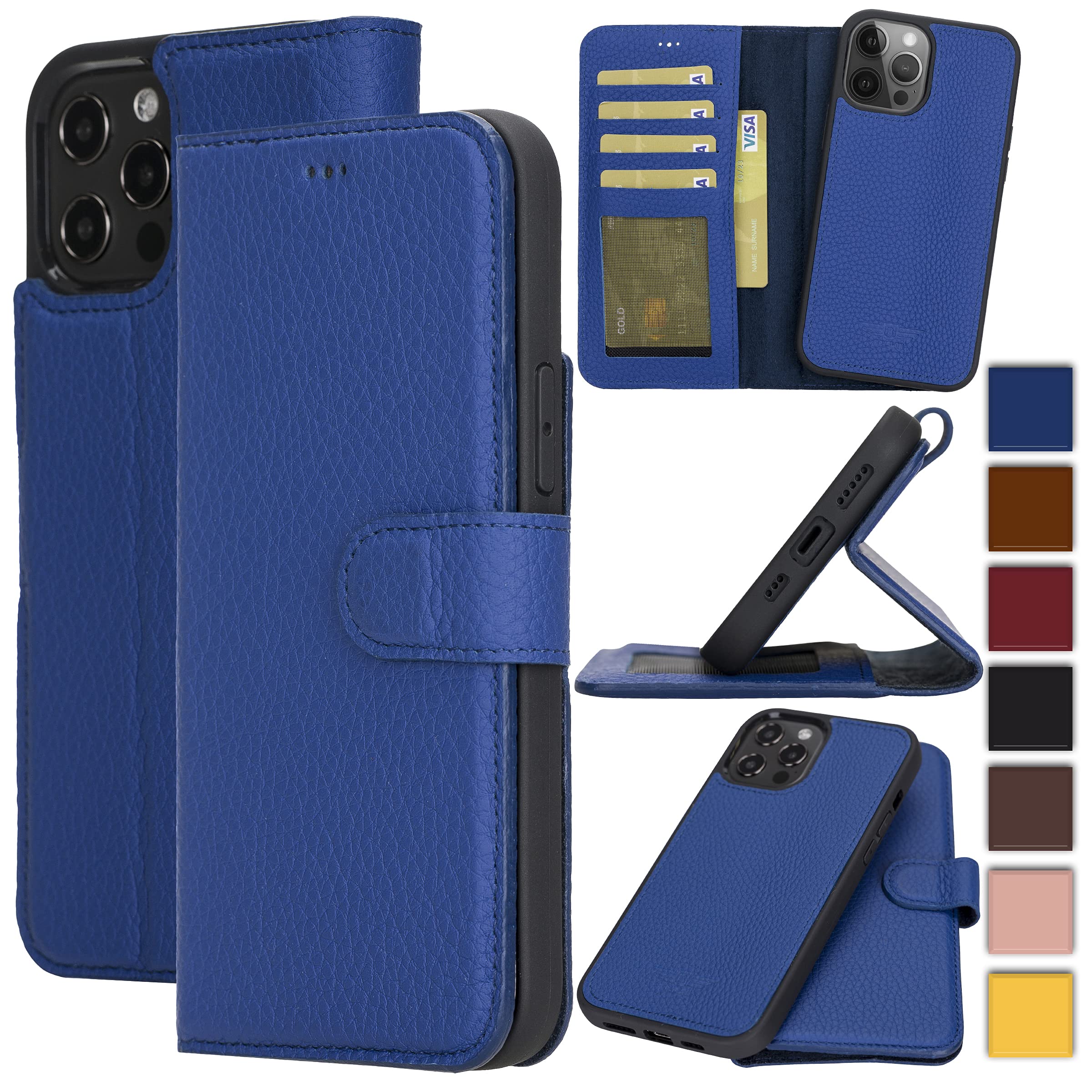 Bayelon Premium Full Grain Leather Wallet Case for iPhone 12 Pro Max - 2-in-1 Magnetic Flip Cover with Card Slots & Kickstand | MagSafe Compatible | Royal Blue | Perfect for Business Travel & Everyday Use