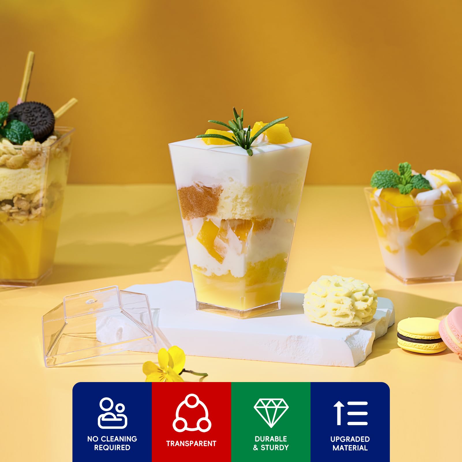JOLLY CHEF 100 Pack 3 oz Mini Dessert Cups with Spoons & Lids - Clear Square Tall Plastic Parfait Appetizer Cups | Perfect for Party Desserts, Ice Cream, Yogurt, Salads & Snacks