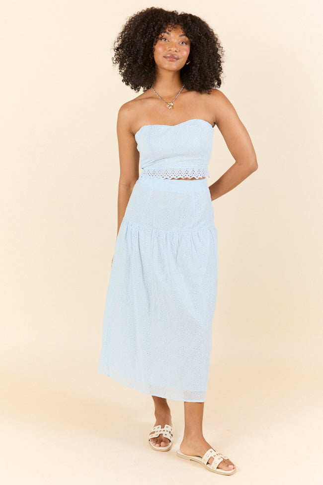 Take It Easy Blue Eyelet Tube Top Set - Women's Fashion Summer Crop Top & Skirt Outfit for Beach, Party, and Casual Wear