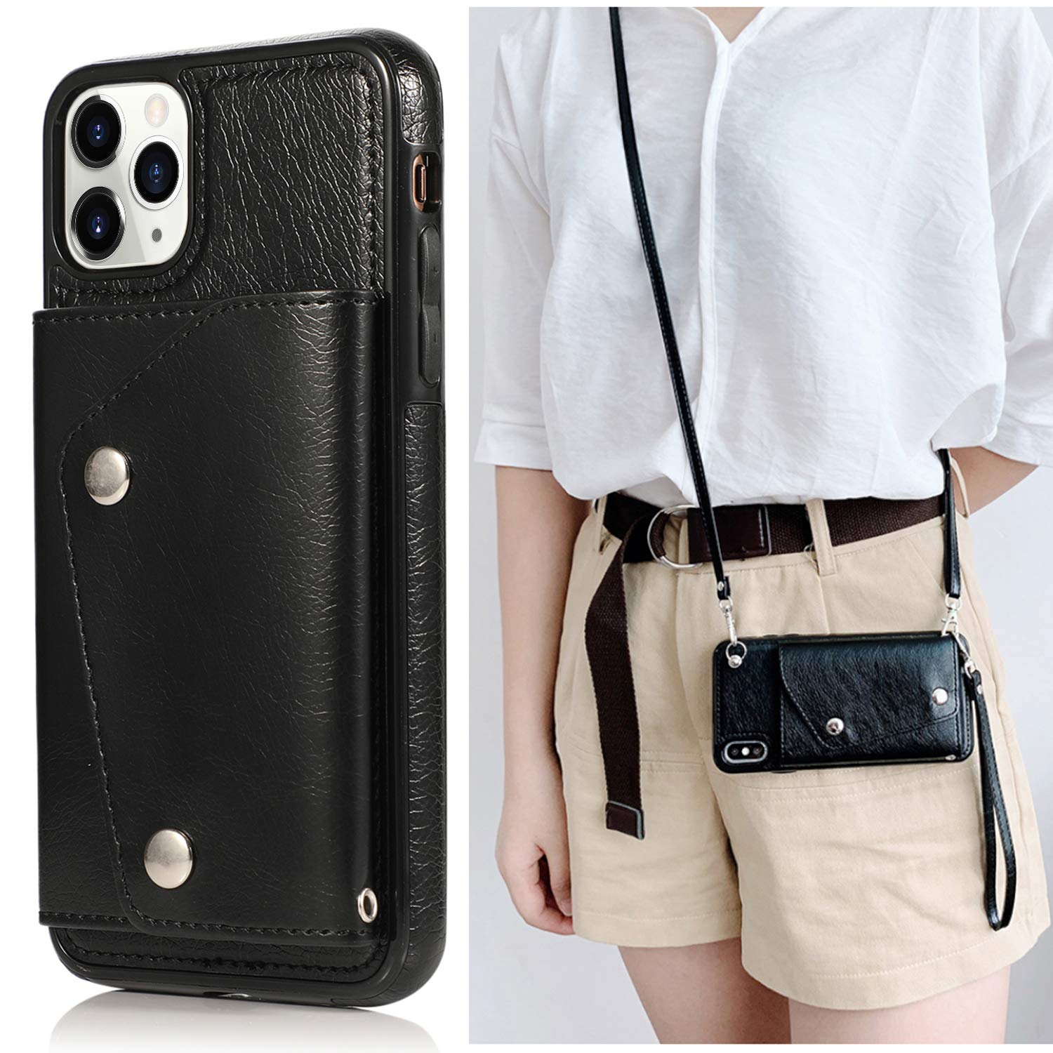 Premium PU Leather Wallet Case for iPhone 11 Pro Max - Card Holder with Neck Strap, Crossbody Chain & Wrist Strap | Protective Cover with Credit Card Slots | Perfect for Travel, Shopping & Everyday Use (Black)