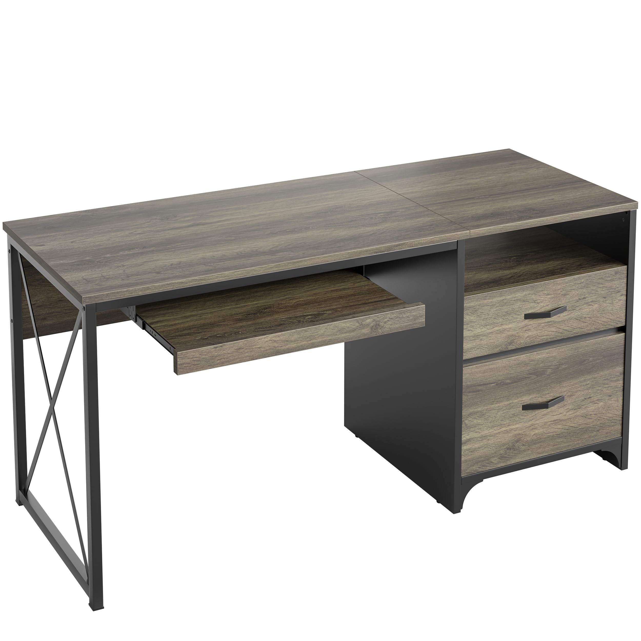 Bestier 55 Inch Industrial Office Desk with Drawers & Keyboard Tray - Wooden Computer Desk with Storage, File Drawer for Home Office - Dark Gray Oak - Perfect for Remote Work, Online Teaching & Small Space Workstations