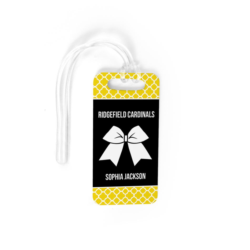 Personalized Cheerleading Luggage Tag with Bow - Custom Cheer Squad Name - Yellow & Black Small Bag Tag for Travel & Sports | Perfect for Gym Bags, Duffels & Cheer Competitions