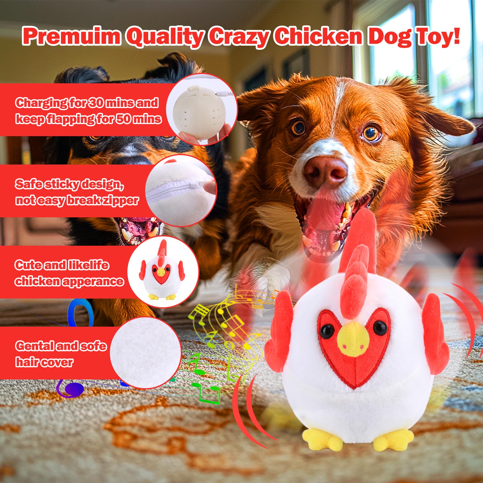 Interactive Dog Toys - Rechargeable Self-Moving Ball with Pop Songs & Recording Mode for Small/Medium/Large Dogs - Crazy Chicken Toy for Boredom Relief & Exercise - Perfect for Indoor Play, Training & Keeping Pets Entertained