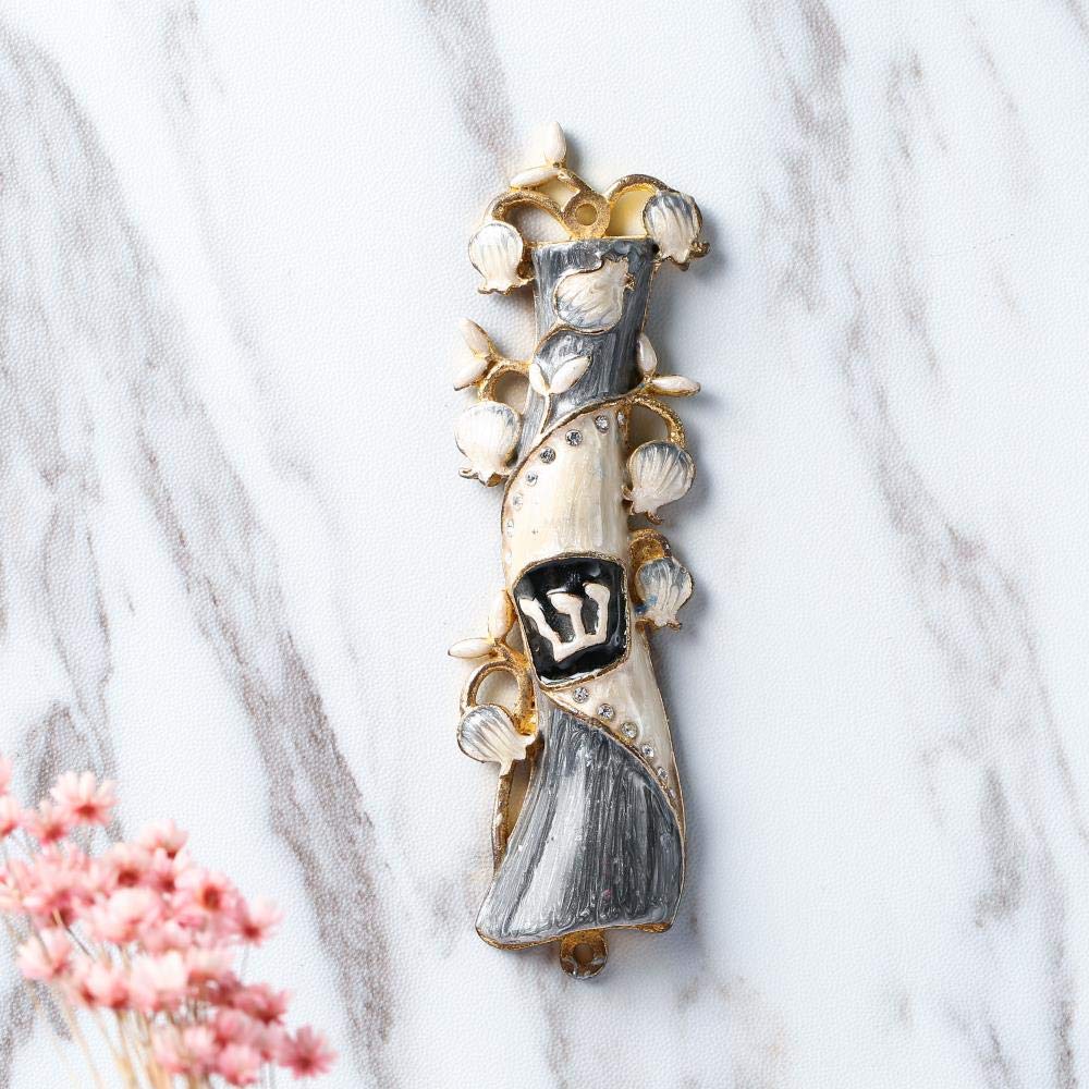 Hand Painted Gold Plated Mezuzah with Crystals - Home Blessing Decor