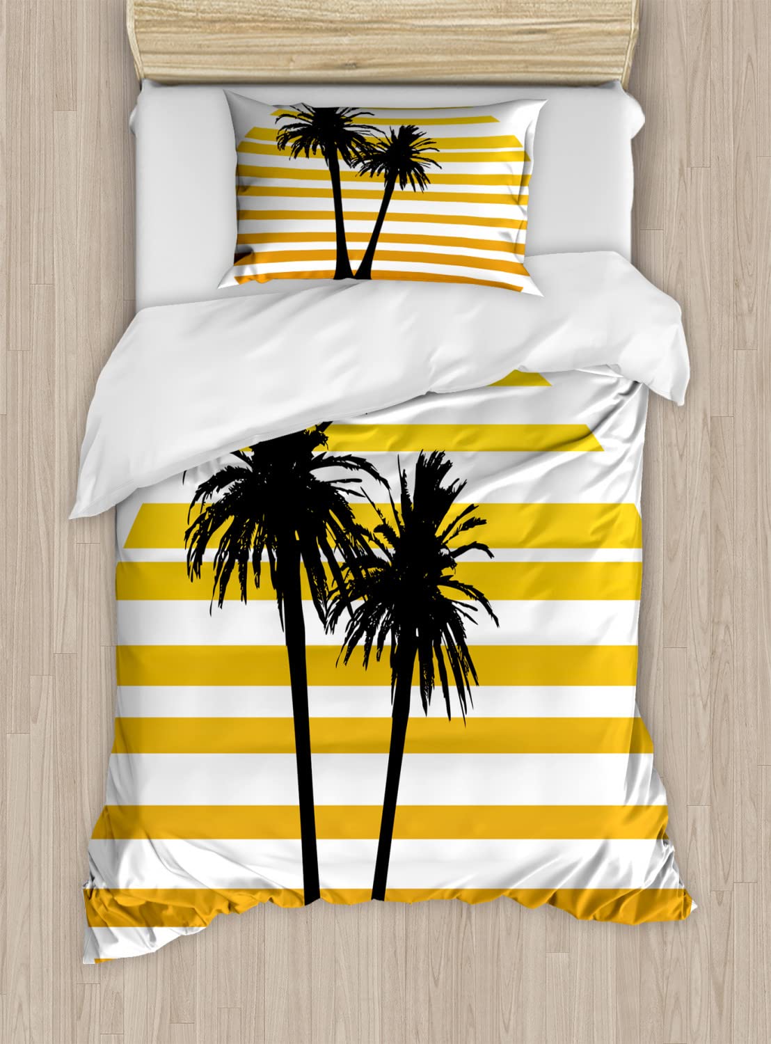 Ambesonne Tropical Duvet Cover Set - Coconut Palm Tree Summer Holiday Bedding (2 Duvet Covers & 2 Pillowcases) Twin Size in Apricot Yellow & Black - Perfect for Beach House Decor, Vacation Themed Bedrooms & Tropical Home Styling