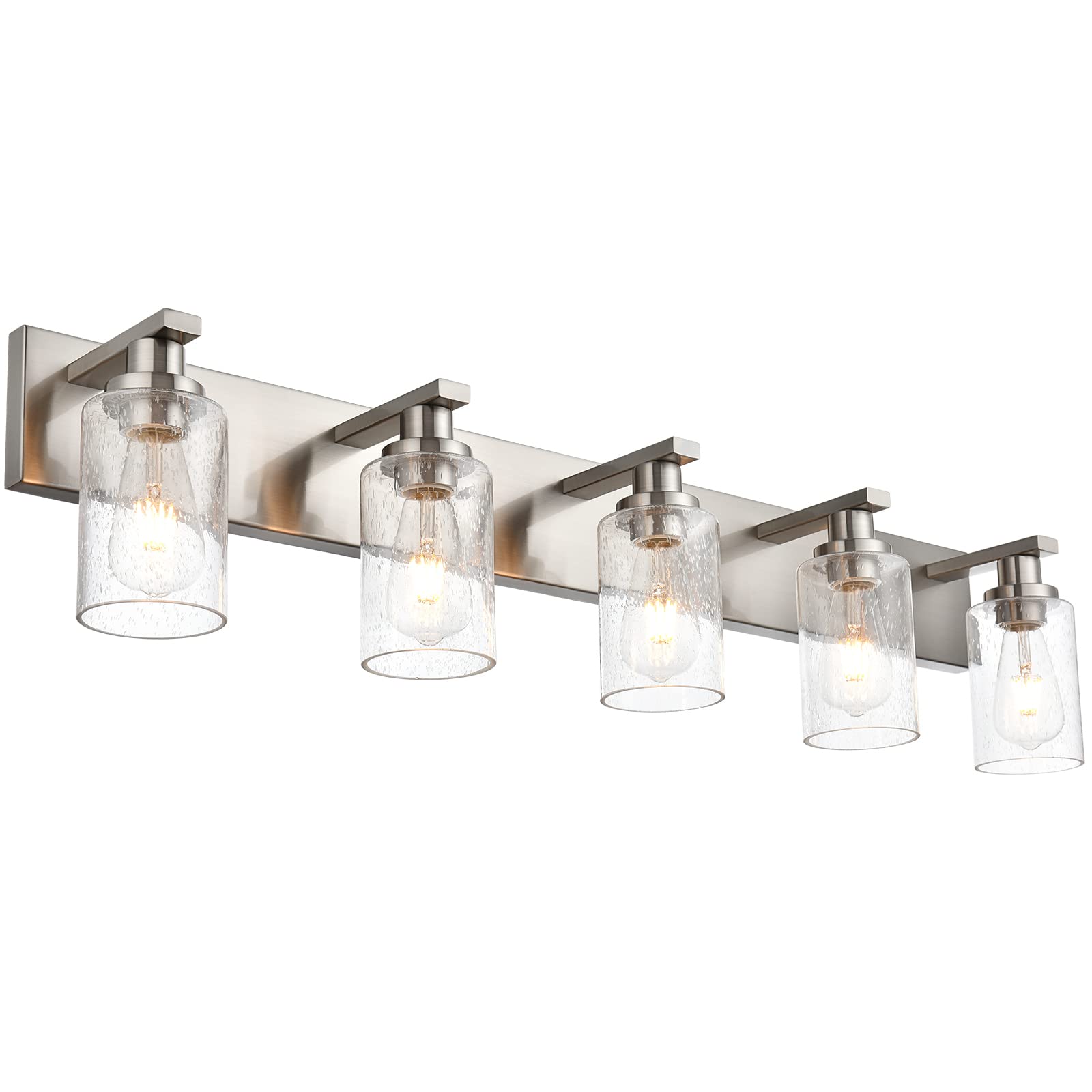 Brushed Nickel Vanity Light Fixture with 5 Seeded Glass Shades - Modern Bathroom Mirror Lighting for Vanity, Kitchen & Living Room - Perfect for Makeup, Shaving & Ambient Decor