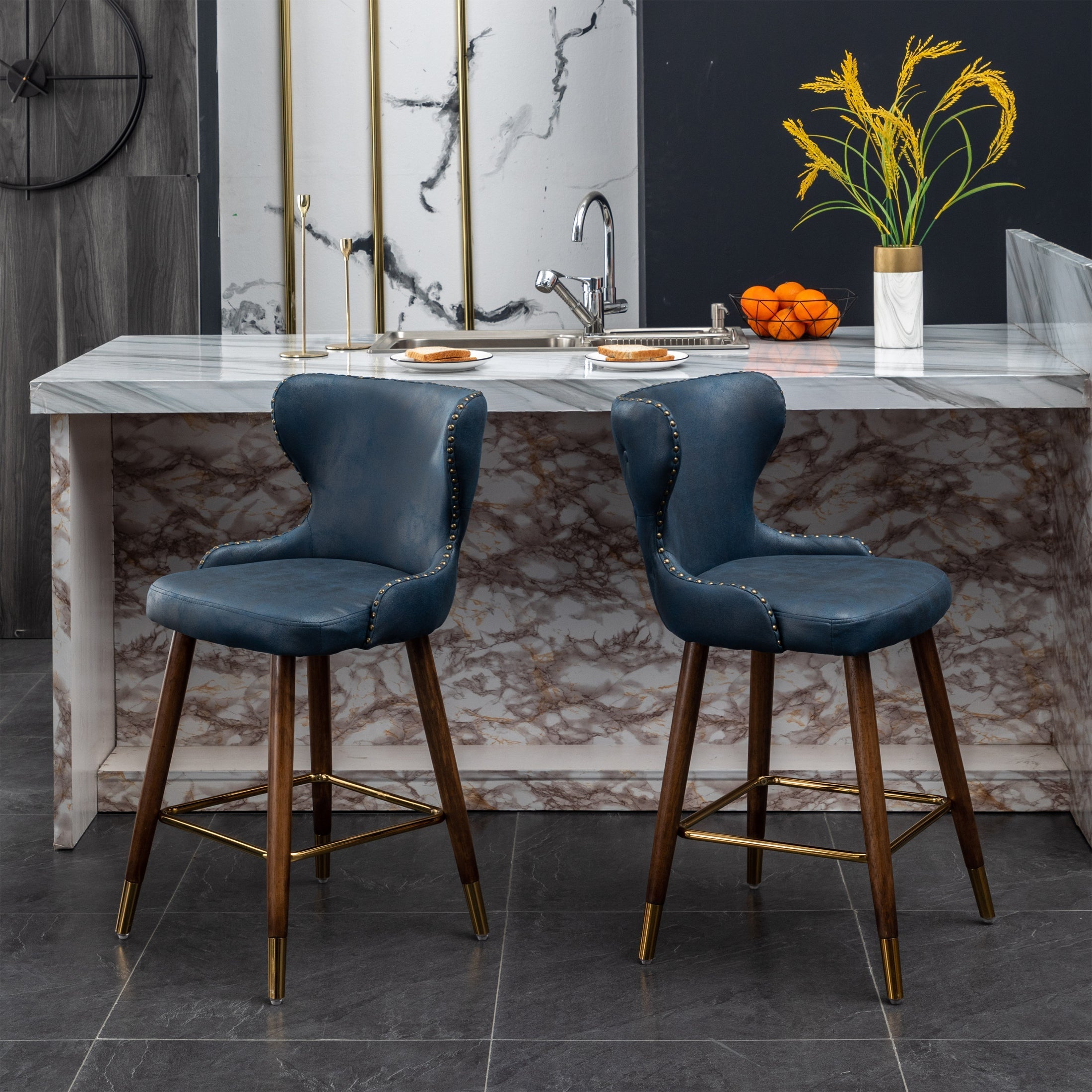 Roundhill Furniture Nevis Mid-Century Modern Faux Leather Tufted Counter Stool with Nailhead Trim - Set of 2, Blue - Perfect for Kitchen Islands, Breakfast Bars & Home Decor
