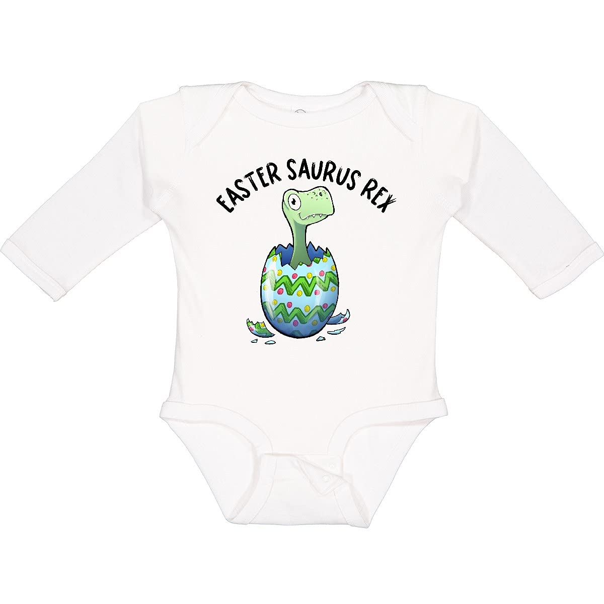 Inktastic Easter Saurus Rex Dinosaur Hatching Easter Egg Long Sleeve Baby Bodysuit - Cute Dino Themed Outfit for Easter Photos, Birthday Parties & Holiday Celebrations