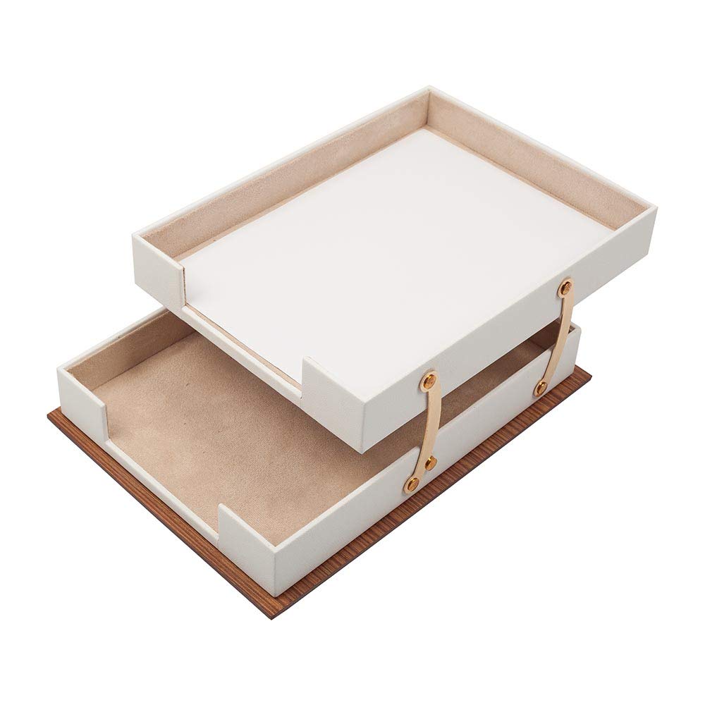 Premium Leather & Wood Desk Organizer Set - 11 Pcs Luxury Office Accessories with Double Tray, Desk Supplies for Home & Office (White) - Perfect for Executive Desks, Workstations & Home Office Organization