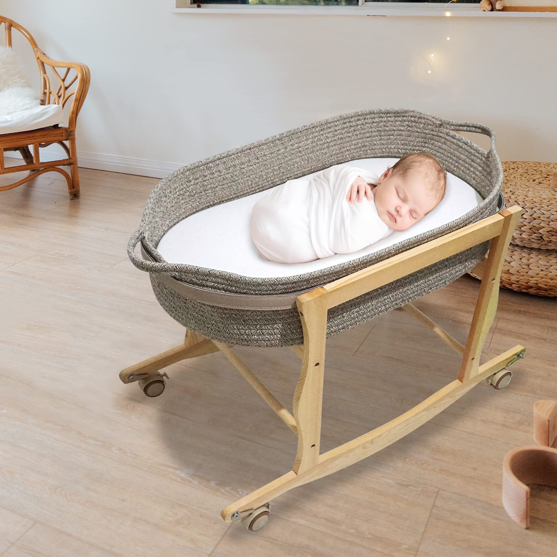 ECOADE Natural Wood Moses Basket Stand & Rocker - Portable Baby Crib for Nursery, Bedroom, or Travel - Safe & Sturdy Infant Sleeping Solution