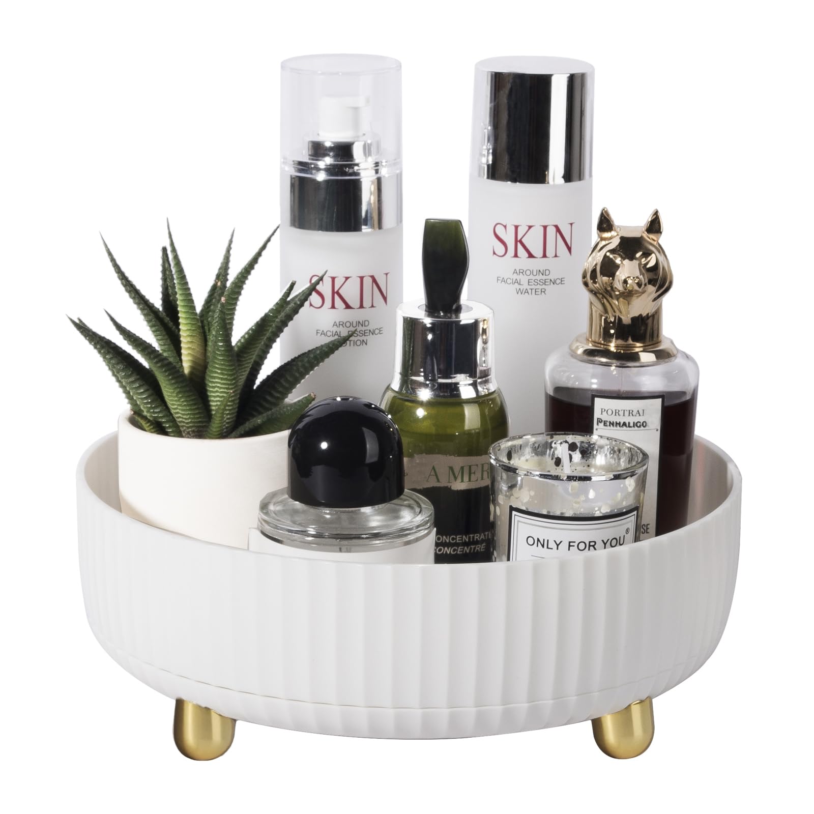 360° Rotating Makeup Organizer Tray - Lazy Susan Cosmetic Storage for Skincare, Perfume & Lotion | Spinning Vanity Organizer for Dresser, Bathroom Countertop | Perfect for Daily Beauty Routine & Travel Organization (Ivory White)