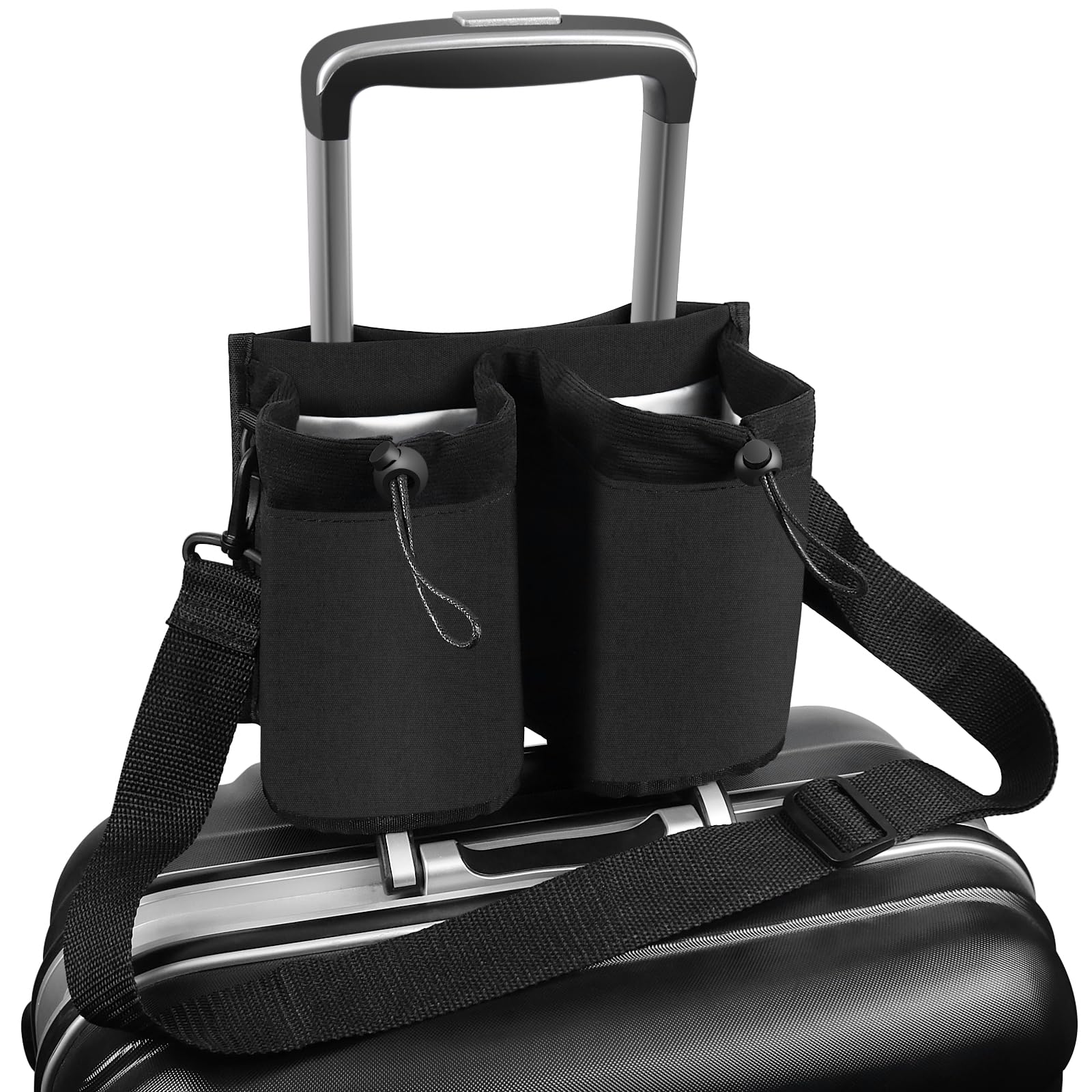 Premium Travel Cup Holder with Adjustable Shoulder Strap - Hands-Free Luggage Drink Carrier for Suitcases - Ideal for Flight Attendants & Frequent Travelers - Perfect for Airports, Commuting & Road Trips (Black)