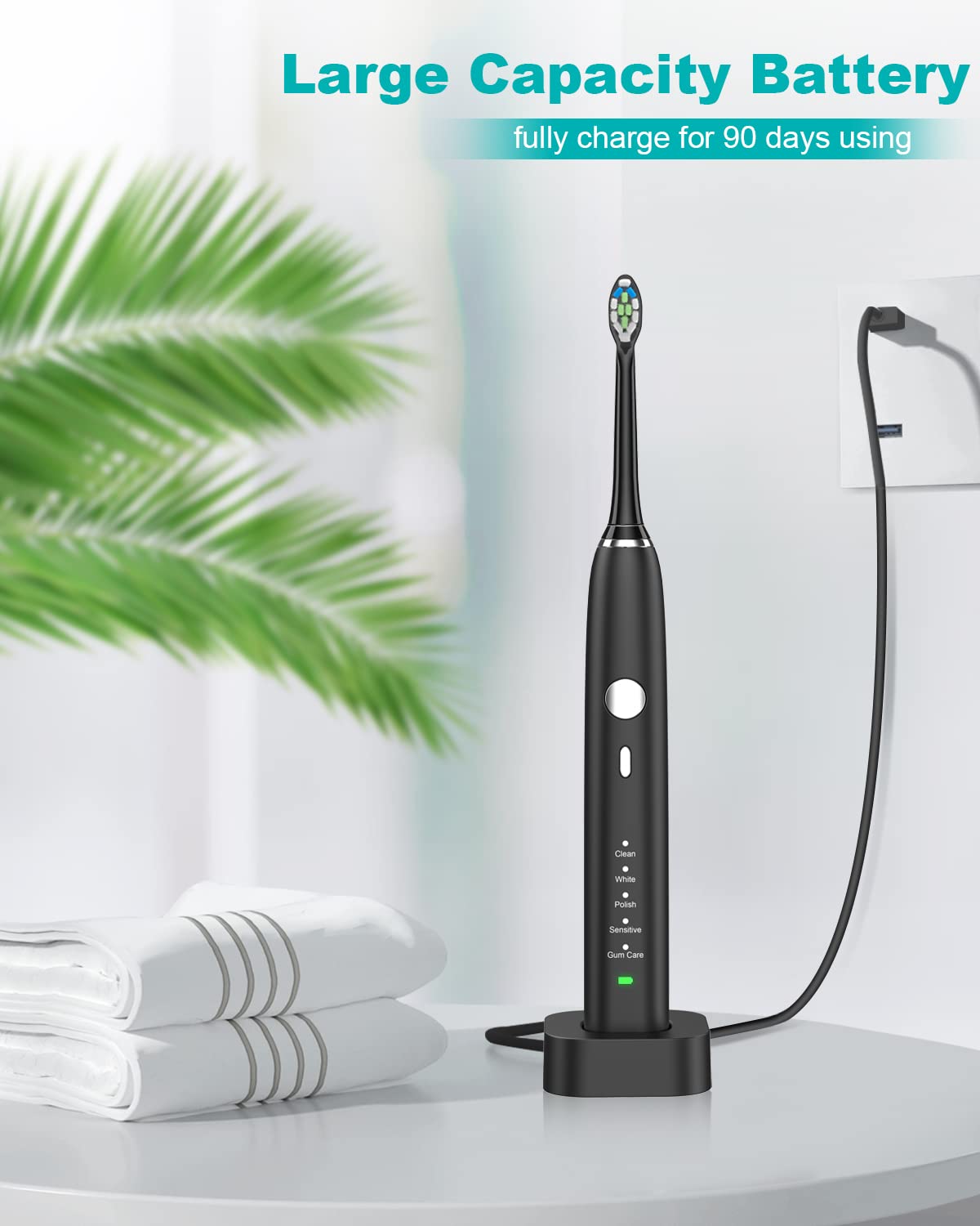 Sonic Electric Toothbrush for Adults & Kids - 5 Cleaning Modes, 3 Intensity Levels with 2-Minute Timer - 90-Day Battery Life & Wireless Charging - Includes 4 Replacement Brush Heads (Black) - Perfect for Travel, Home & Family Oral Care