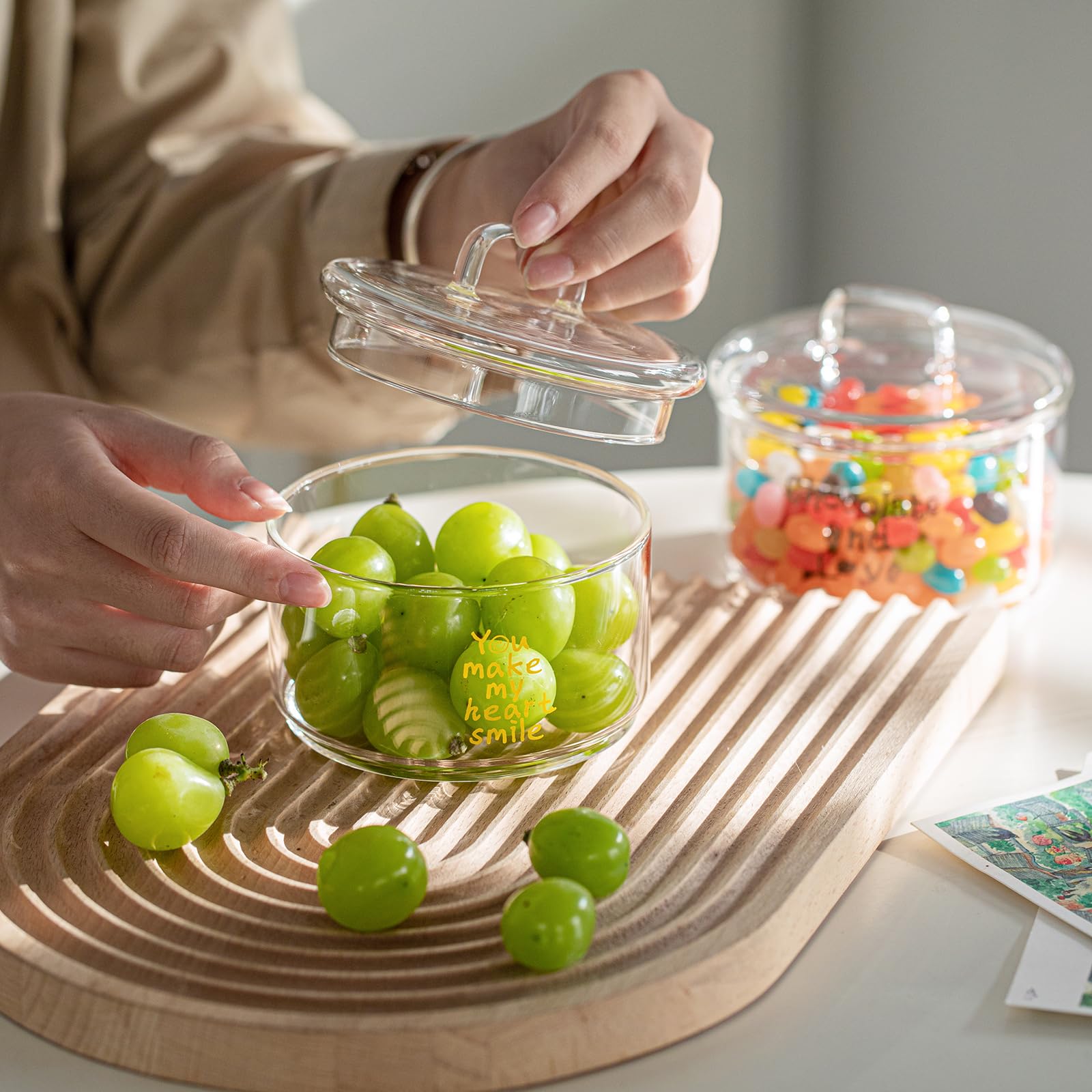 Glass Candy Dish with Lid - Decorative Covered Candy Bowl & Cookie Jar, Clear Salad Buffet Storage Container for Home, Kitchen, Coffee Table, Office - Perfect for Parties, Weddings & Gifting