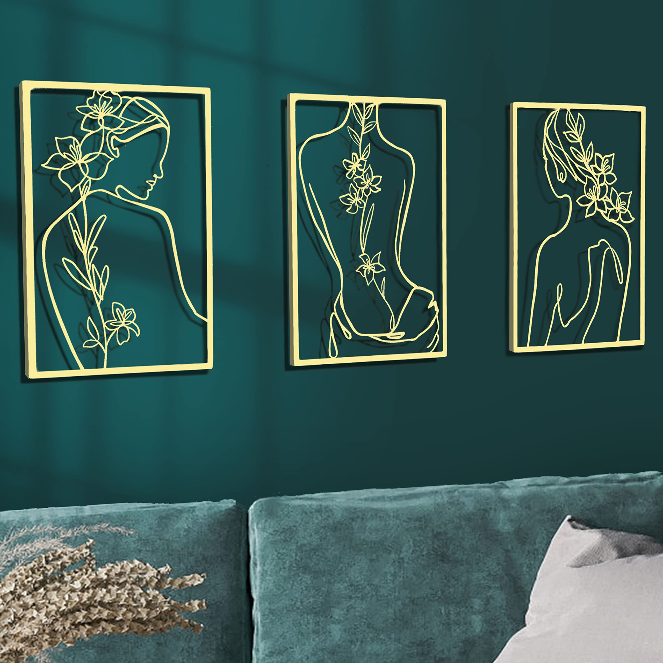 Remenna Minimalist Abstract Line Art Wall Decor - Set of 3 Modern Metal Wall Hangings for Living Room, Bedroom, Bathroom | Women's Body Face Silhouette Art in Gold | Home & Office Aesthetic Decor