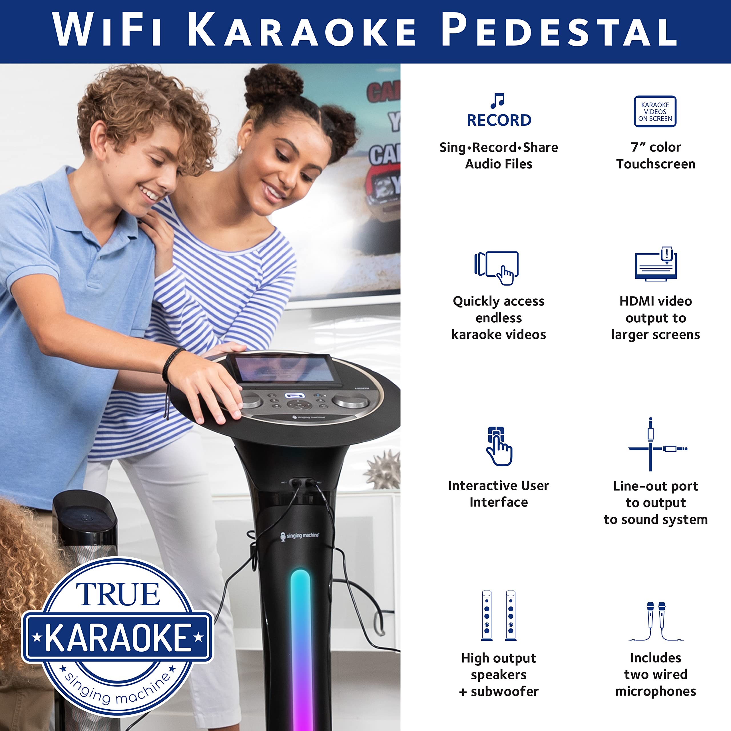 Singing Machine Premium Duet Wi-Fi Karaoke System - 200W Peak Power, 2 Wired Mics, 7