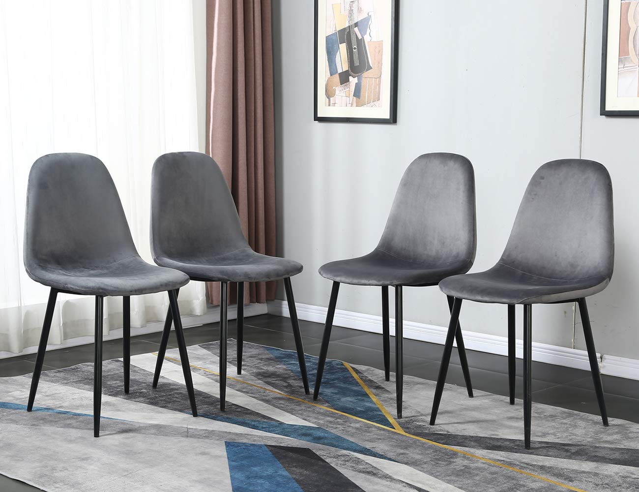 4-Piece Modern Mid Century Dining Chairs Set - Retro Fabric Upholstered Side Chairs for Kitchen, Dining Room & Home Decor - Deep Grey - Perfect for Small Spaces & Entertaining Guests