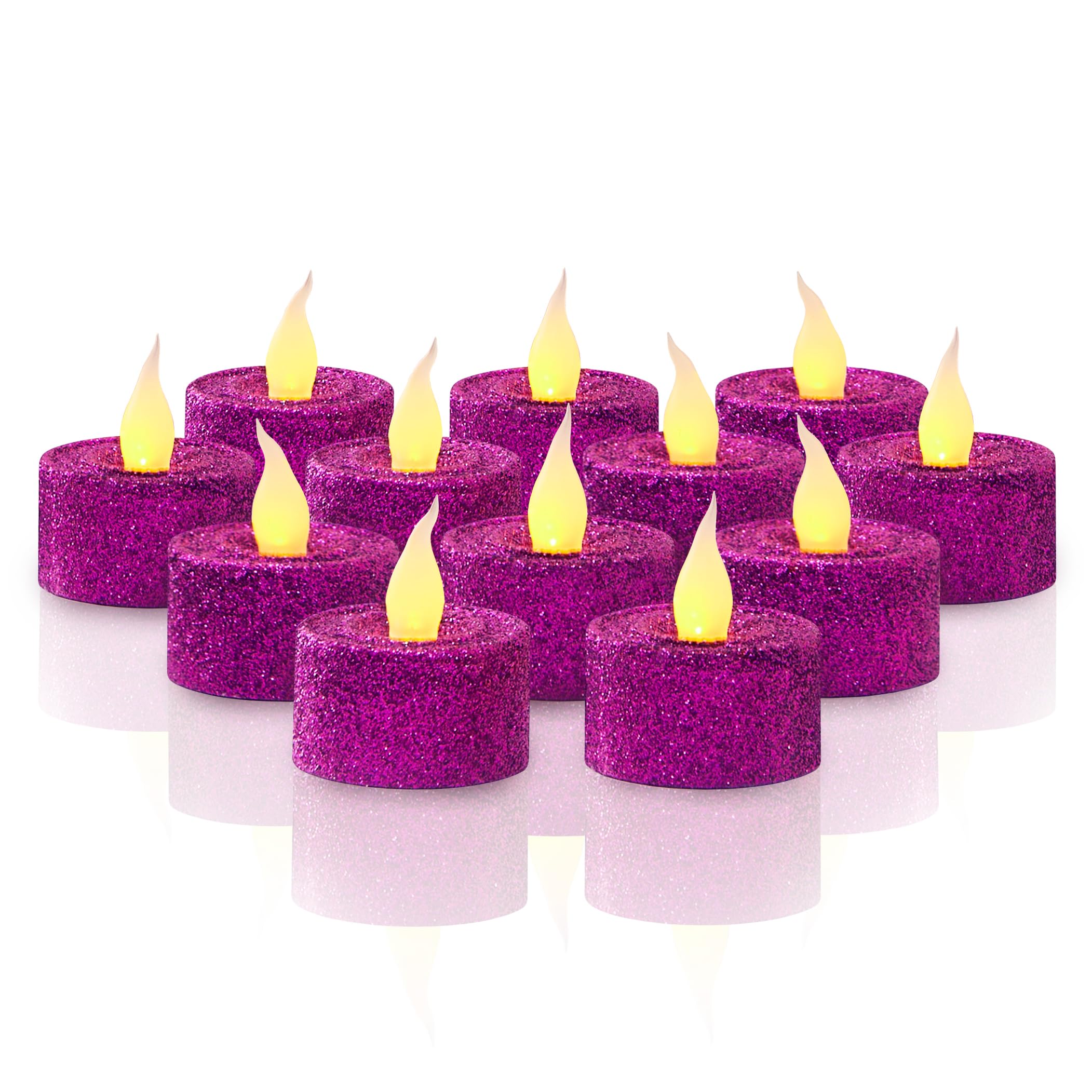 FURORA LIGHTING Purple Glitter LED Tealight Candles - Pack of 12 Flameless Flickering Battery Operated Tea Lights - 1.5
