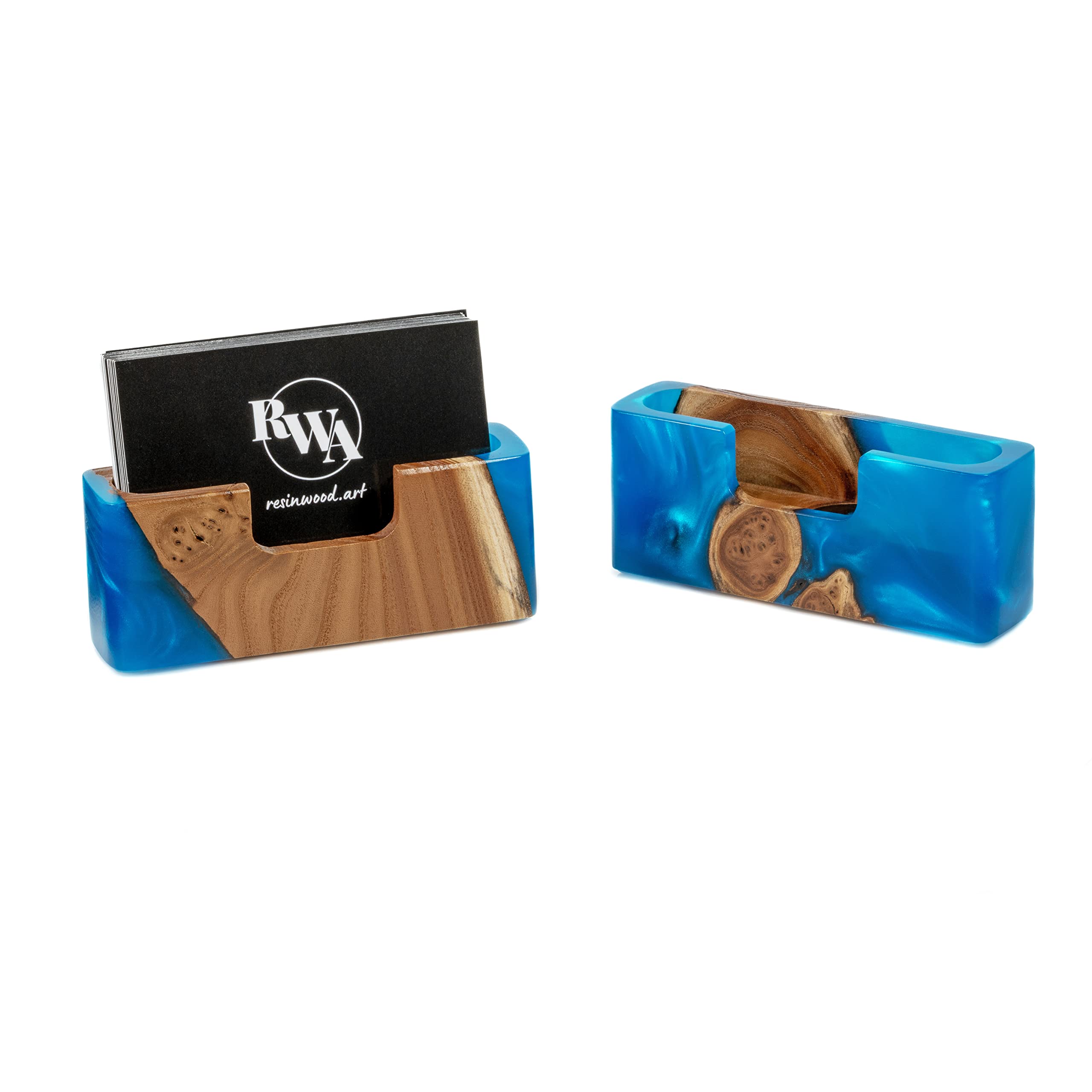Best Business Card Display Stand - Unique Wooden Slim Card Holder for Office & Home Desk Organizer - Small Desk Cardholder Storage Accessory (Blue Pearl) - Perfect for Professional Meetings, Networking Events & Office Decor