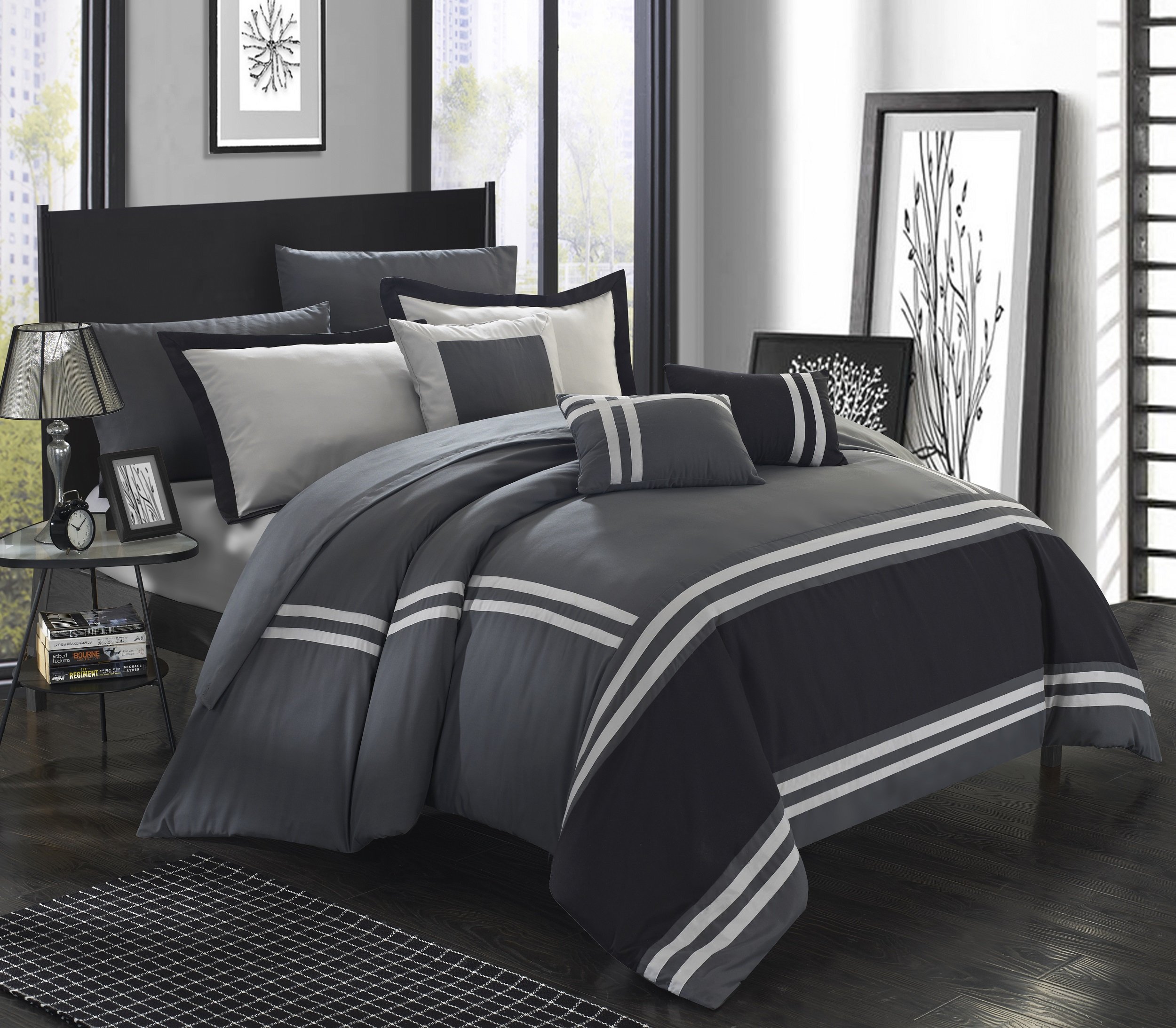 Zarah Colorblock Queen Size Comforter Set - 10-Piece Luxury Bedding with Comforter, Shams, Decorative Pillows & Sheet Set (Grey) | Soft & Stylish for Master Bedroom, Guest Room & Dorm Decor